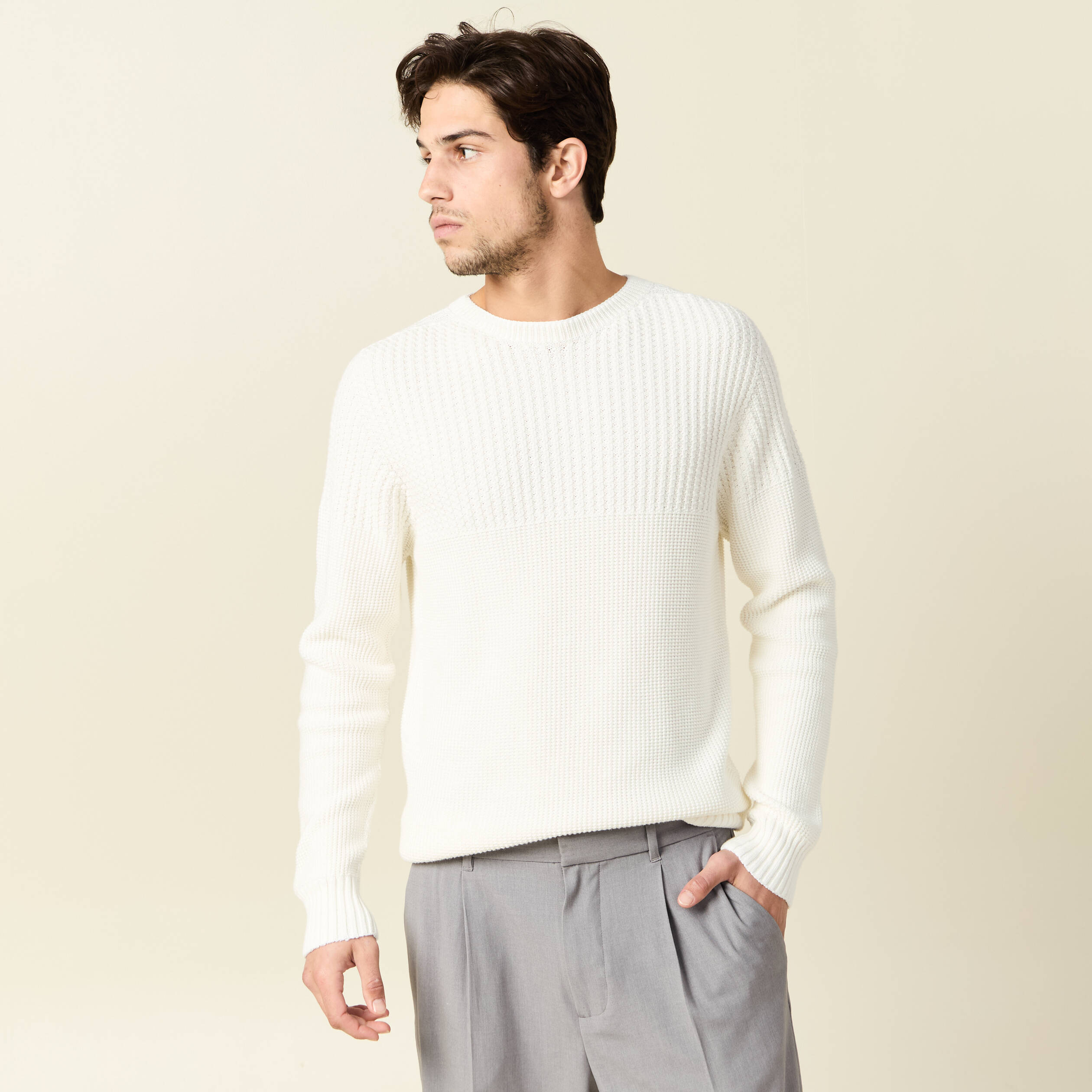 pull manches longues fabrique en france ecru homme Pull manches longues fabriqué en France ecru homme