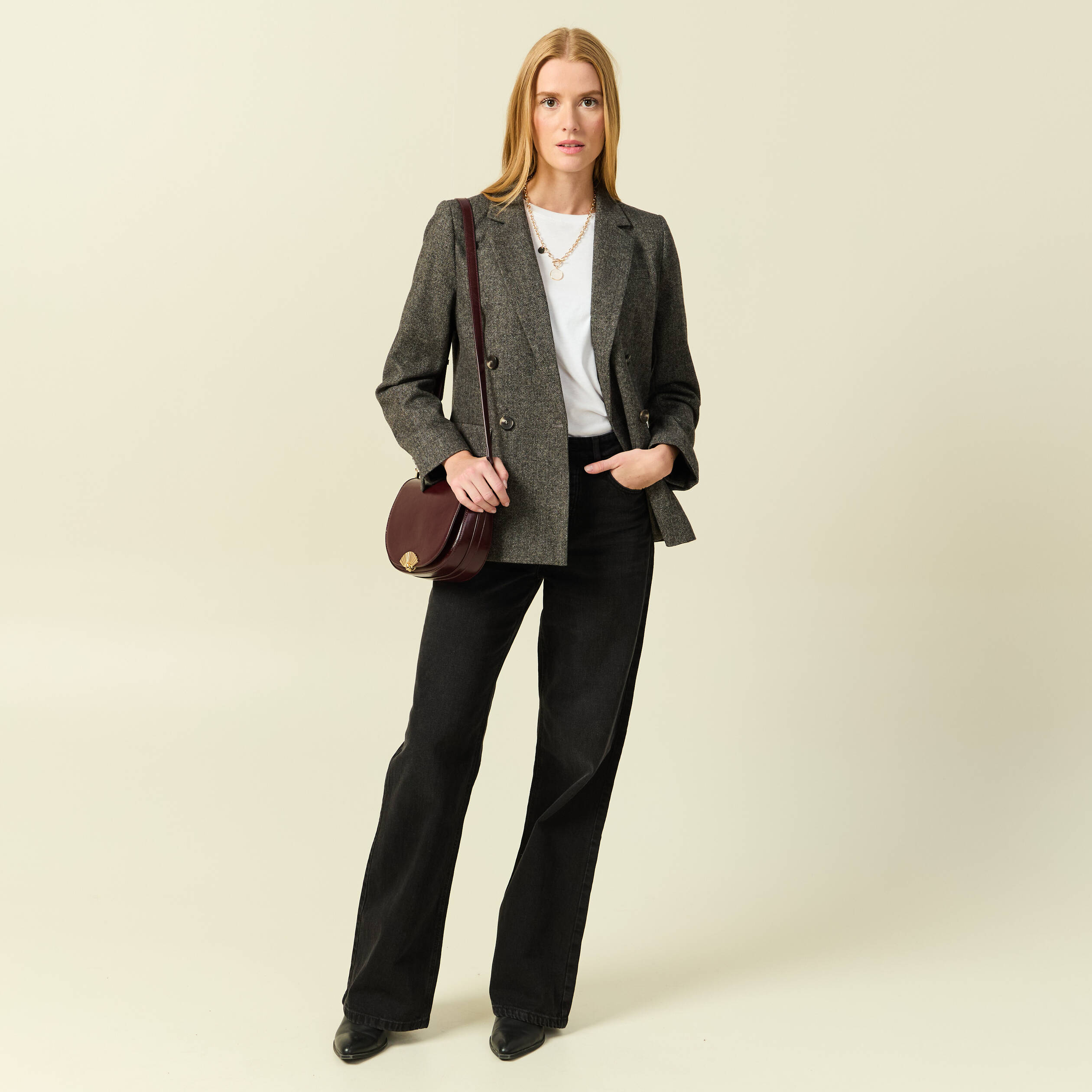 Blazer col tailleur manches longues gris fonc&eacute; femme