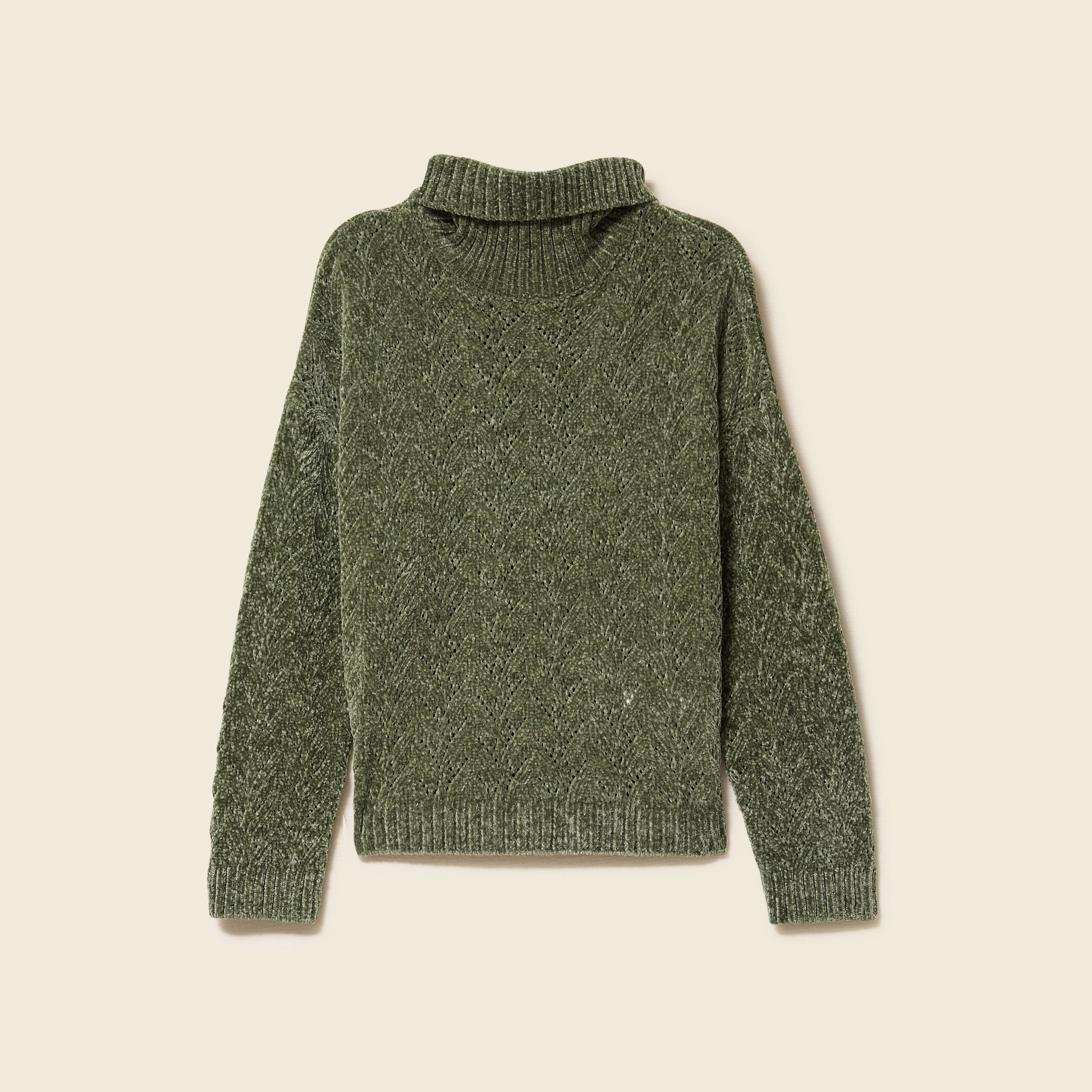 Pull col roul&eacute; manches longues vert kaki femme