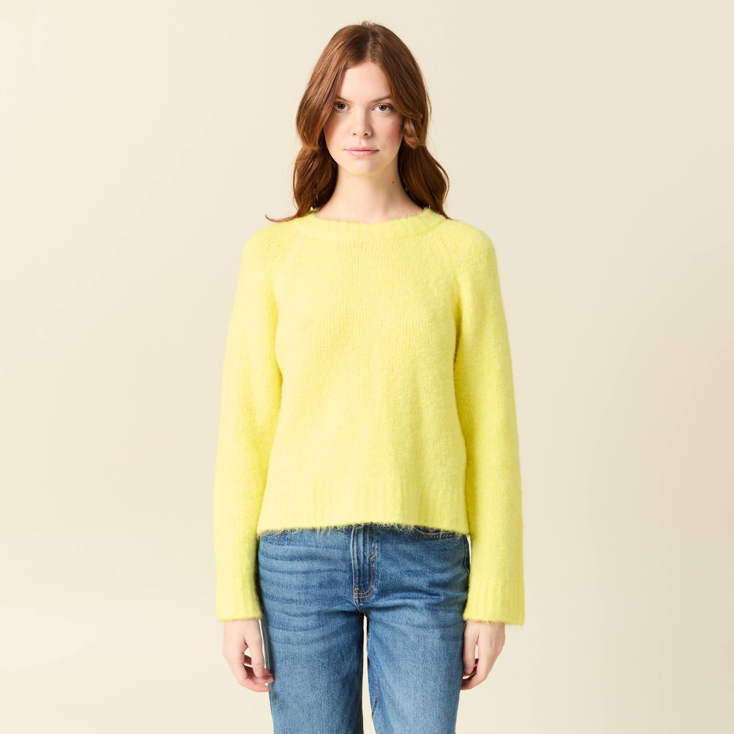 Pull manches longues col rond jaune femme