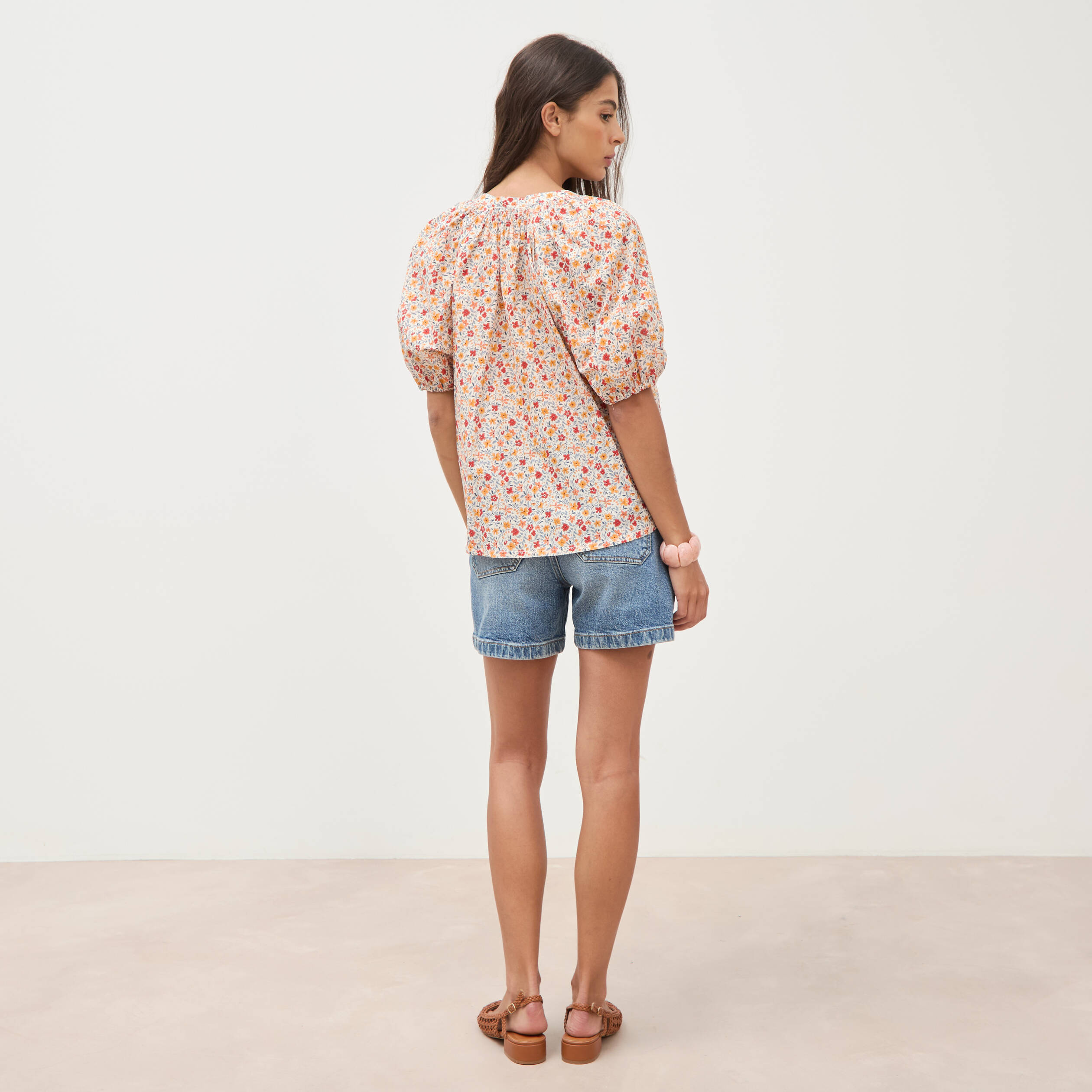 Blouse droite en coton manches courtes orange fonc&eacute; femme