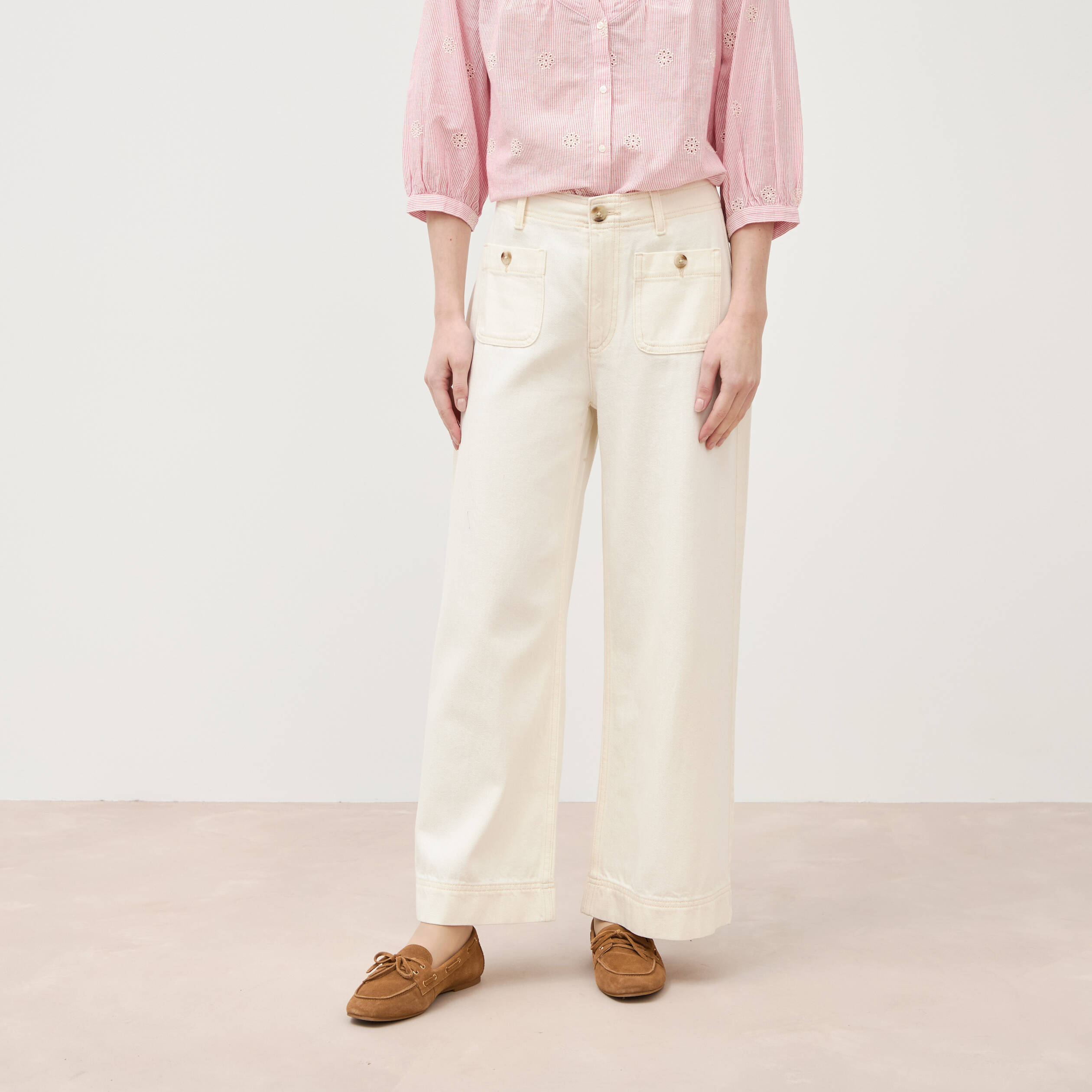 Jeans loose cropped taille standard ecru femme