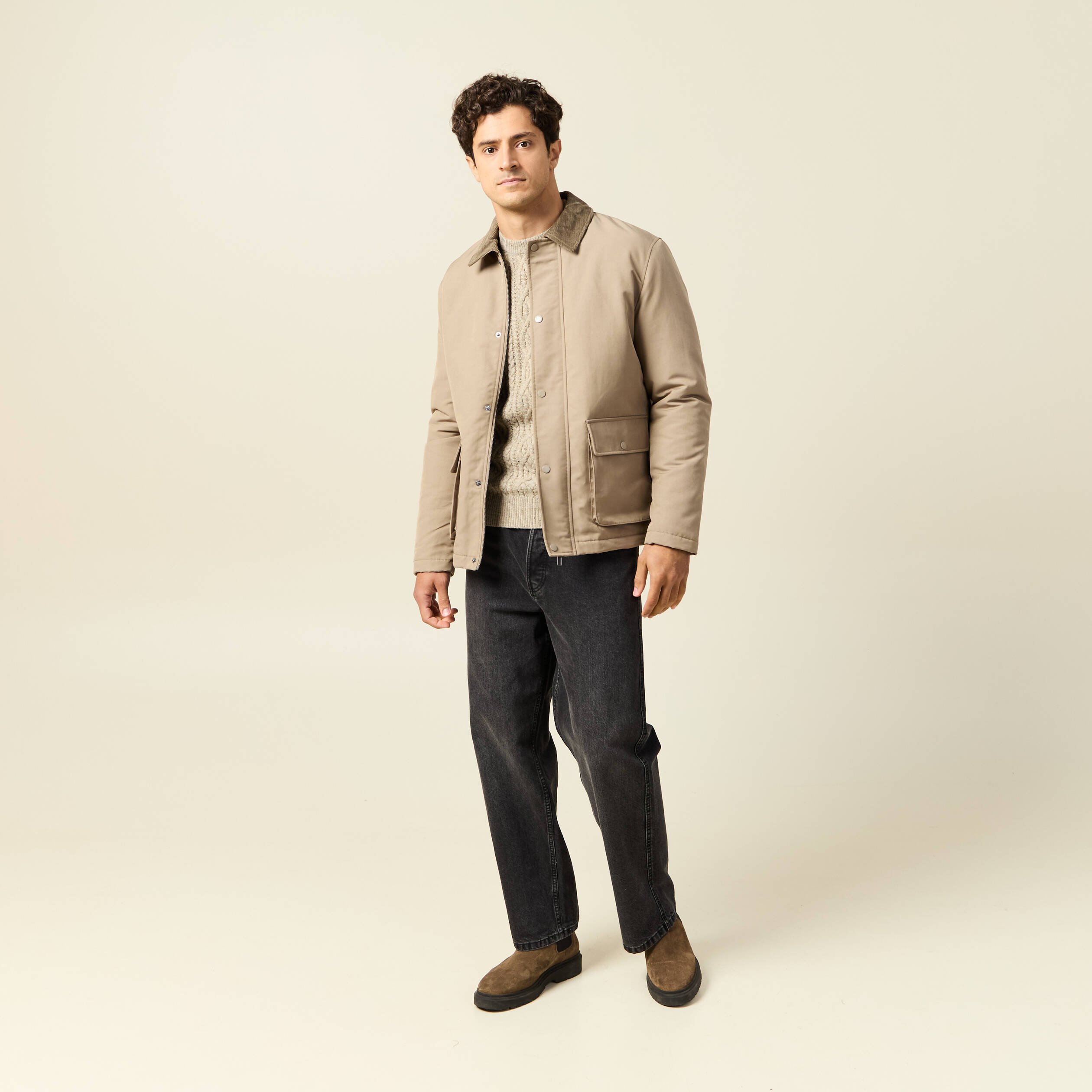 Pull col rond beige homme