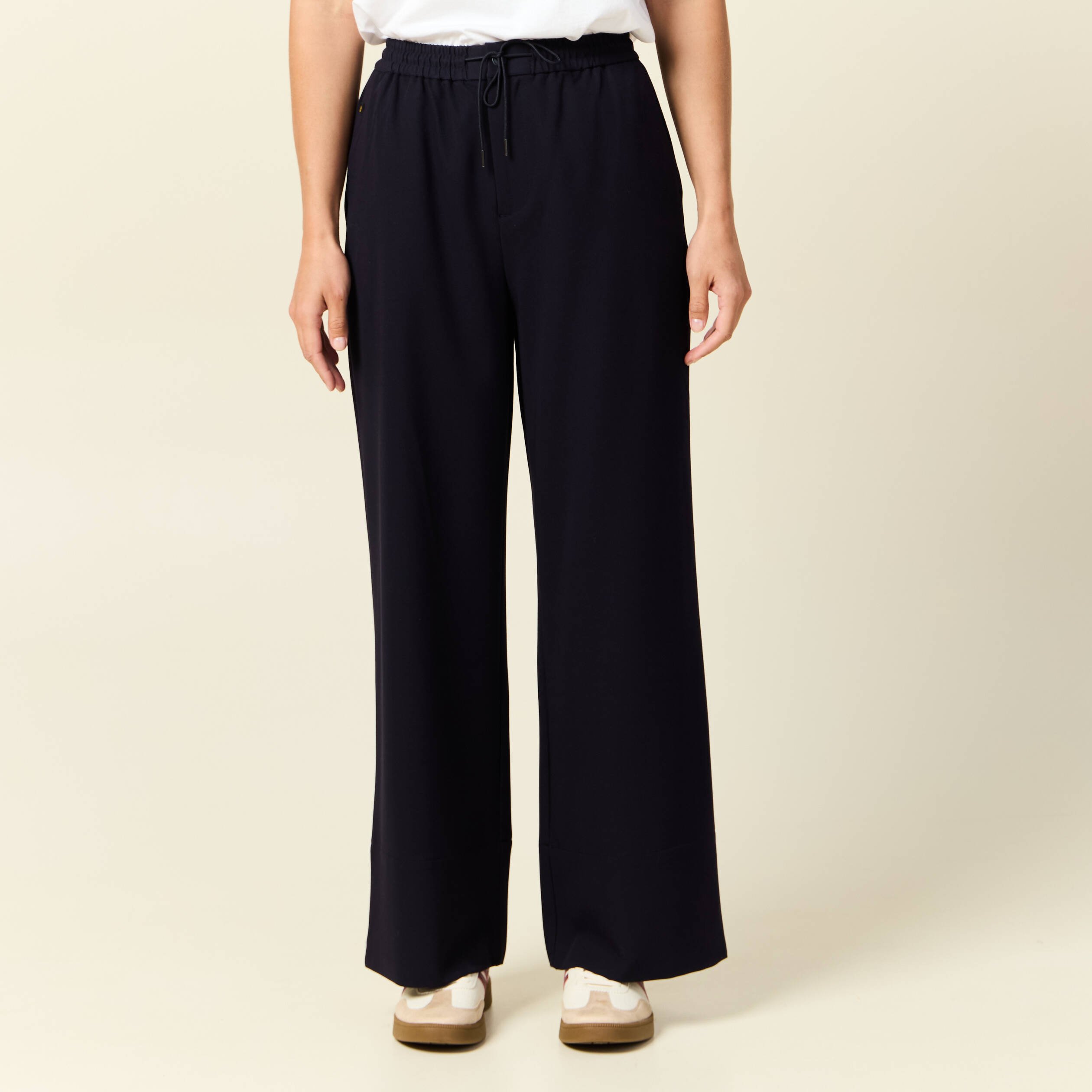 pantalon large elastique bleu fonce femme Pantalon large élastiqué bleu foncé femme