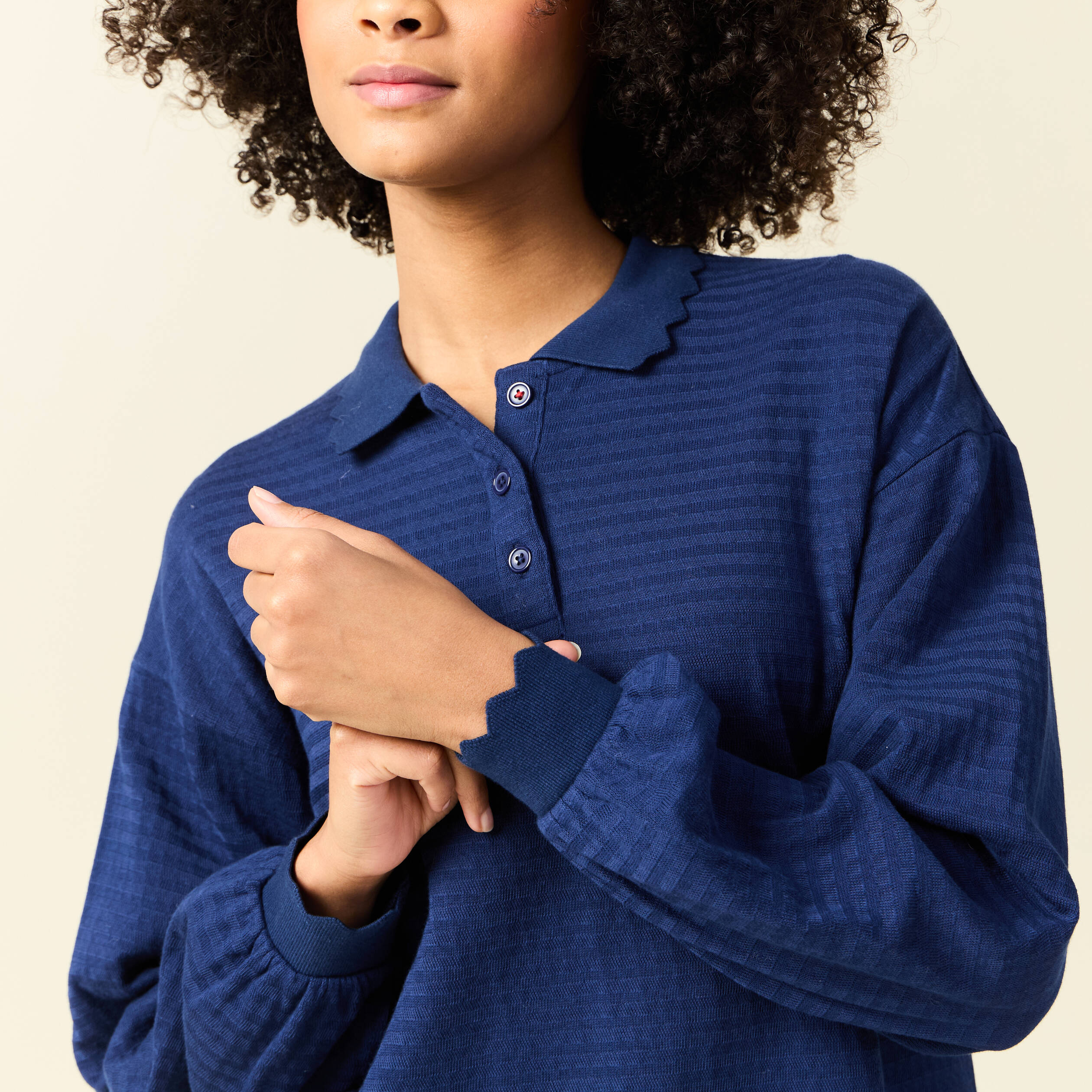 sweat manches longues col polo bleu fonce femme Sweat manches longues col polo bleu foncé femme