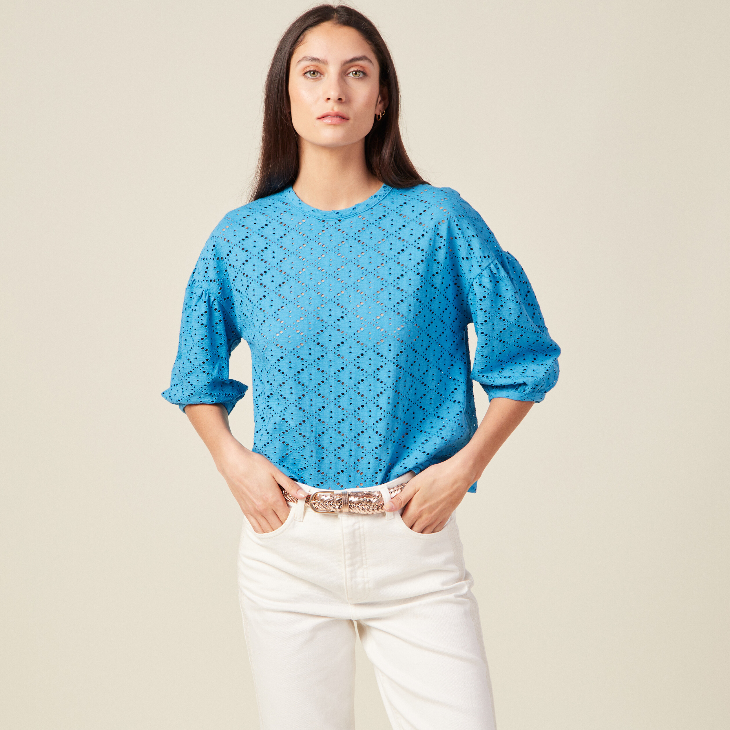 t shirt manches 34 ajoure bleu femme T-shirt manches 3/4 ajouré bleu femme