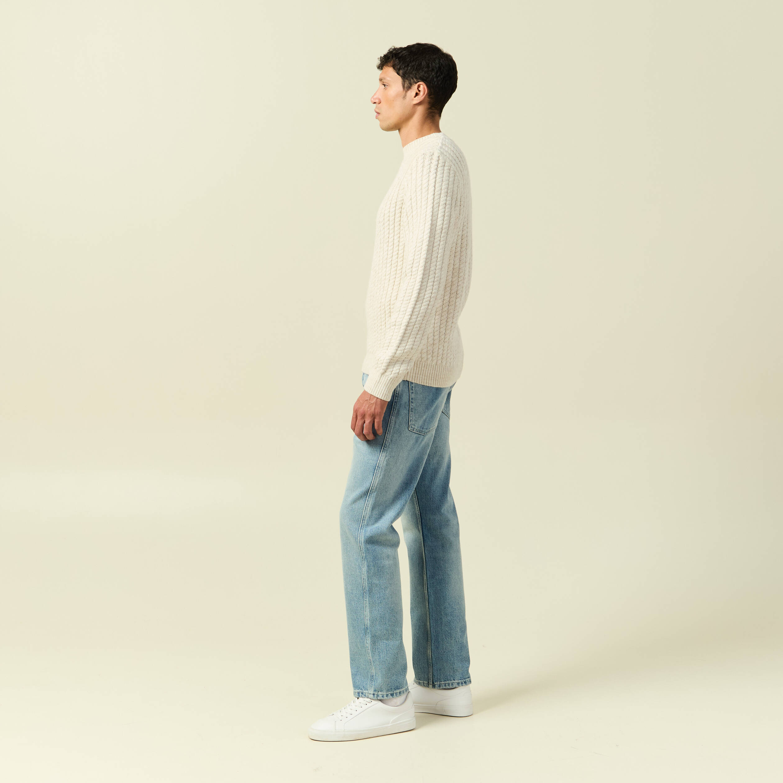 Pull col rond manches longues ecru homme