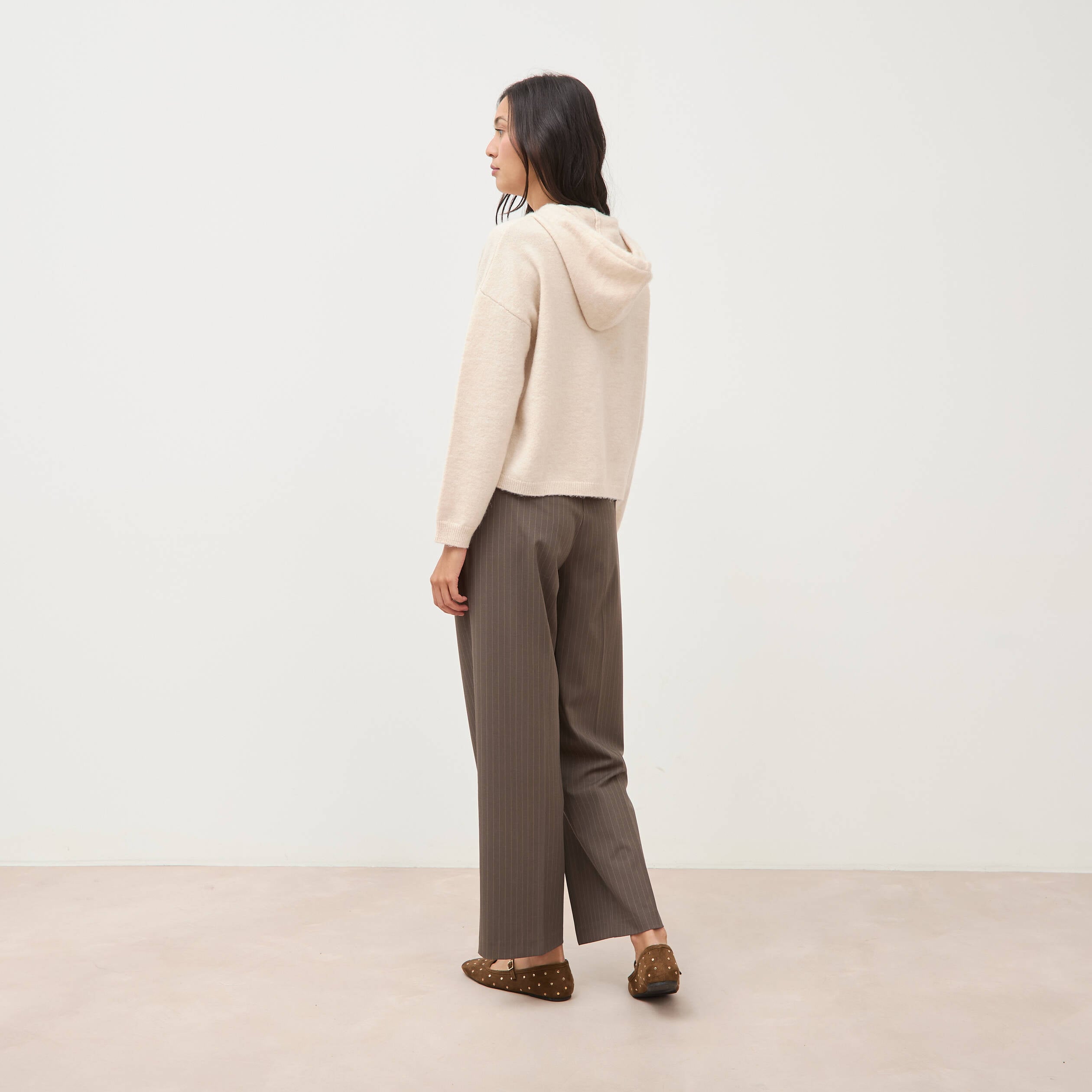 Pull &agrave; capuche zipp&eacute; beige femme