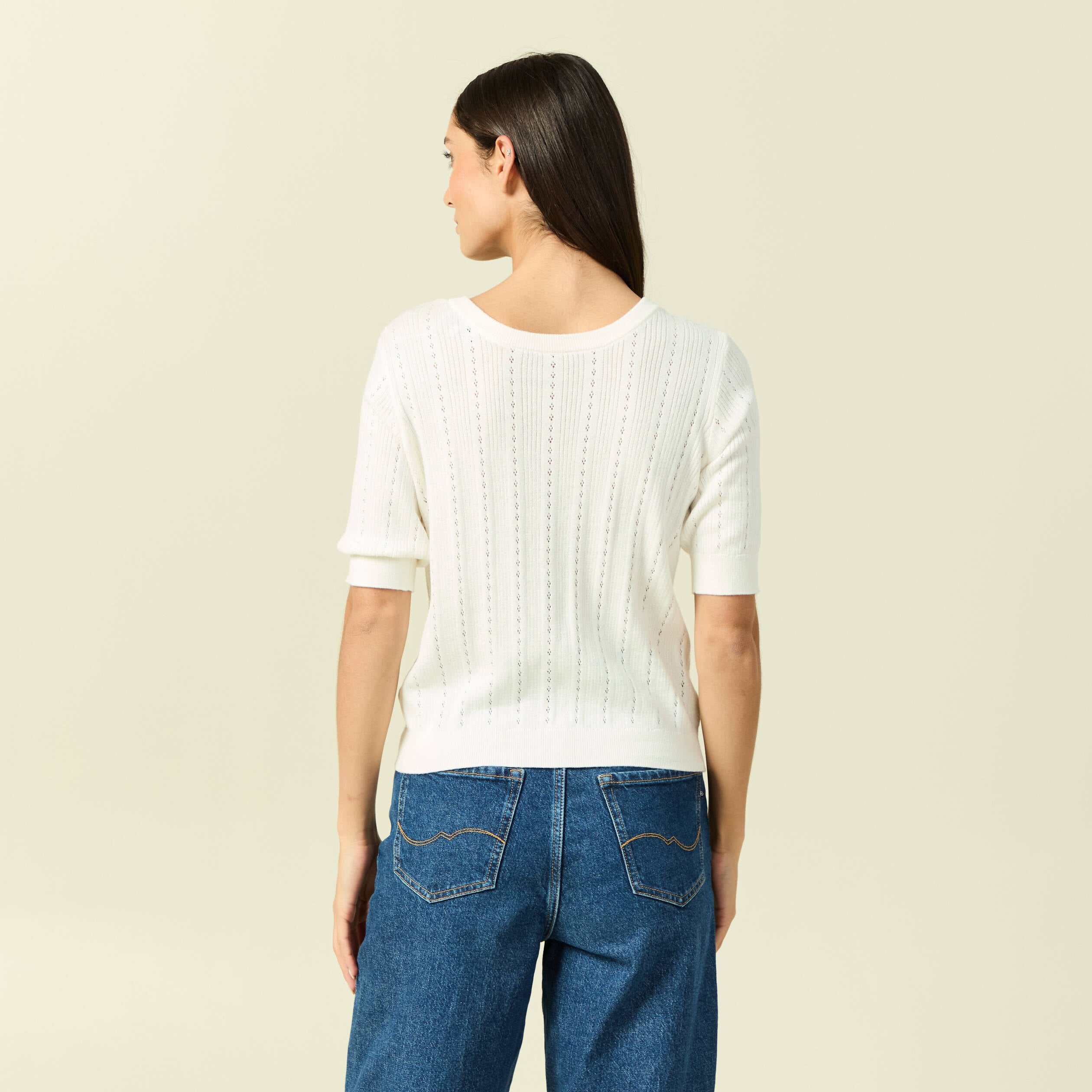 Gilet manches coude col rond ecru femme
