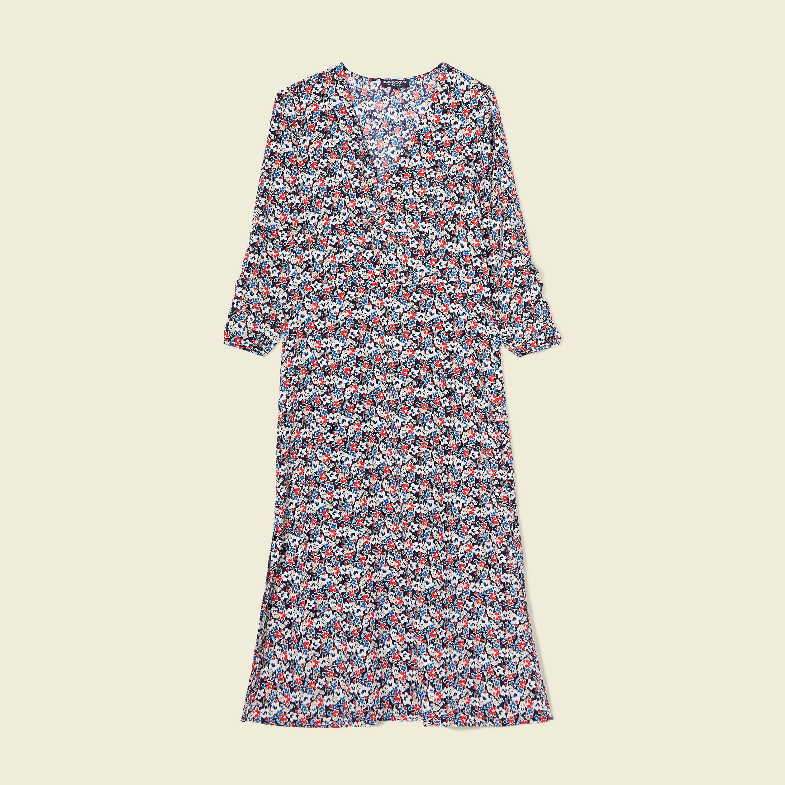 Robe cintr&eacute;e col v manches longues bleu marine femme