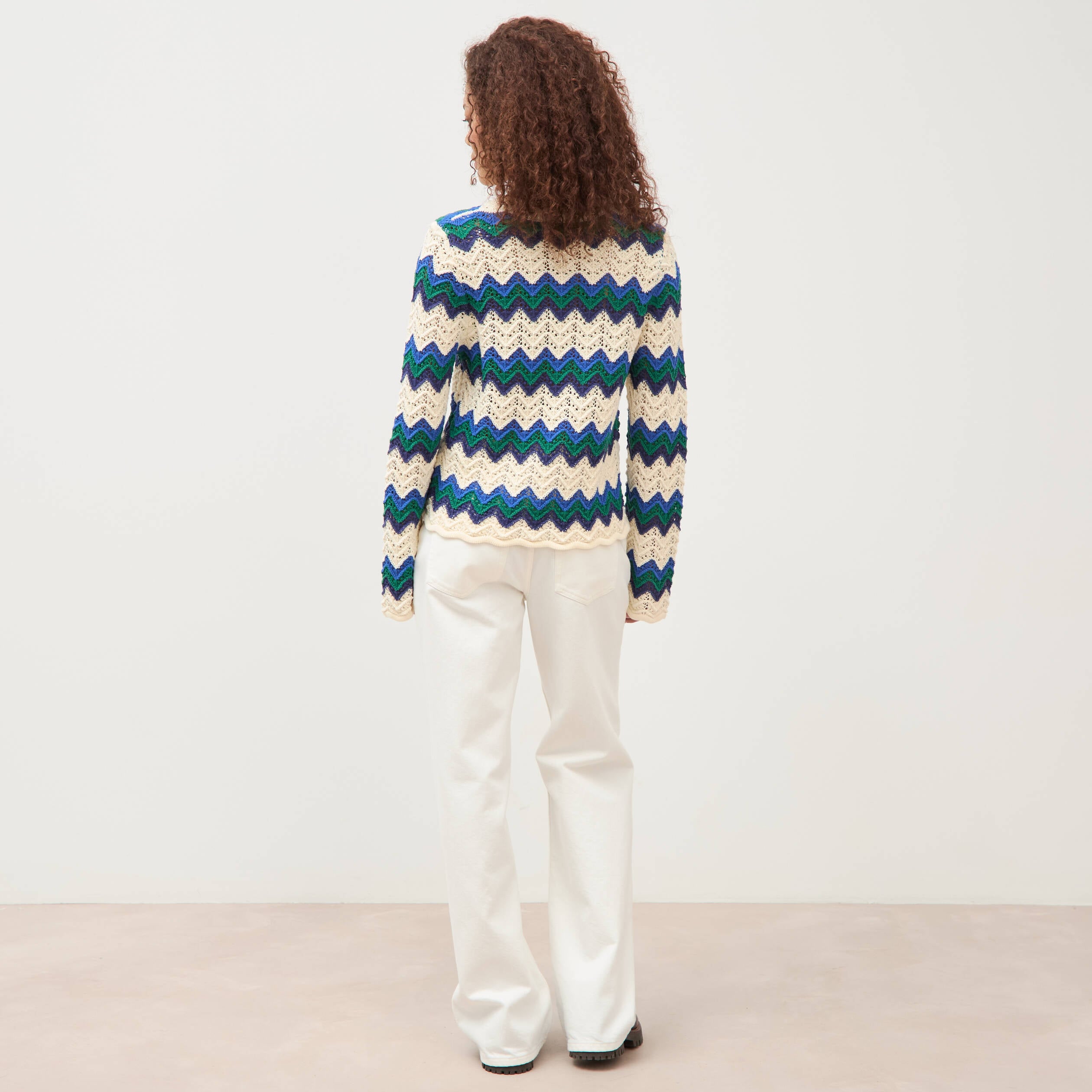 Pull ajour&eacute; coton manches longues ecru femme