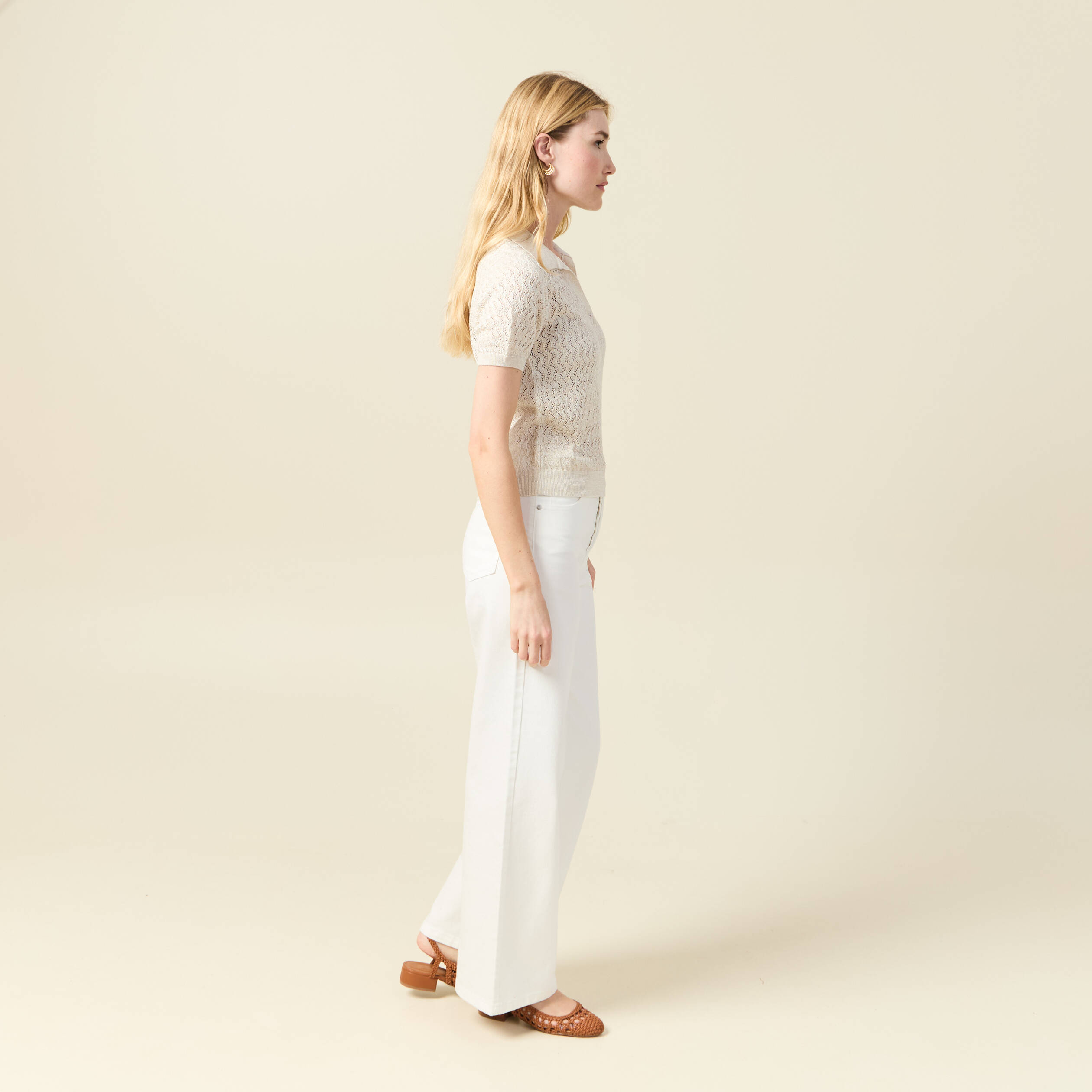 Pull manches courtes creme femme
