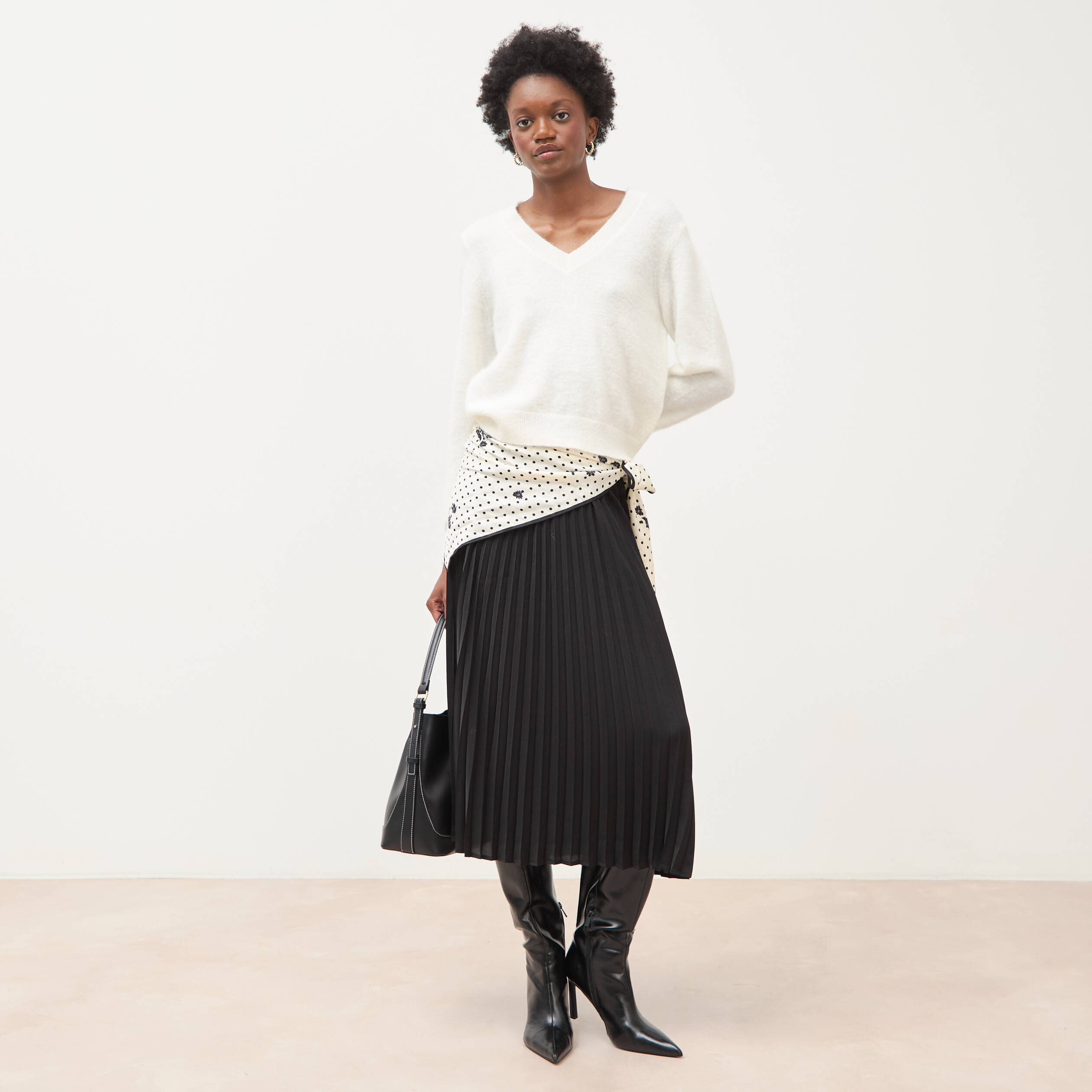 Pull droit col v manches longues ecru femme