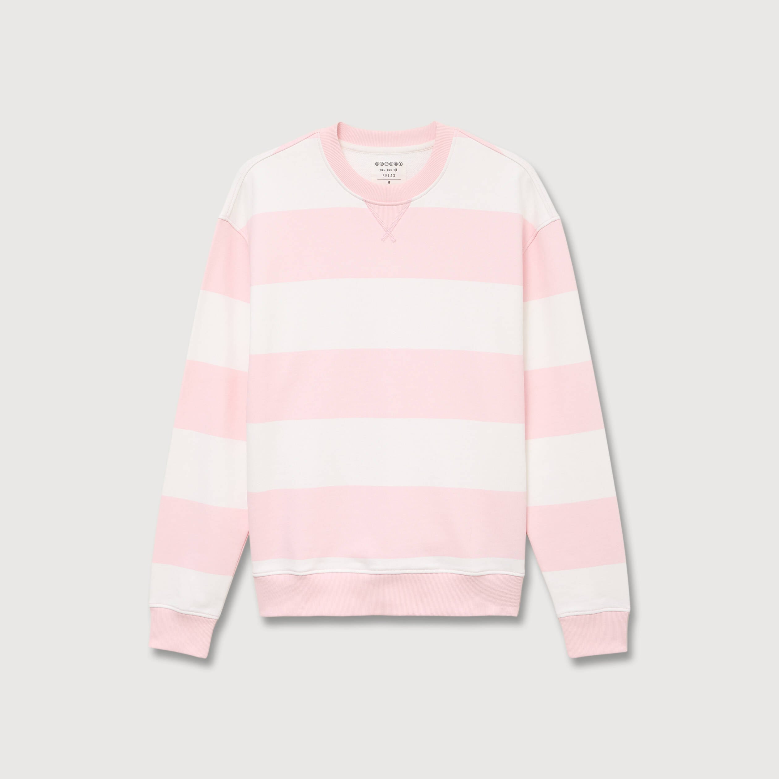 Sweat ray&eacute; col rond manches longues rose poudr&eacute;e homme