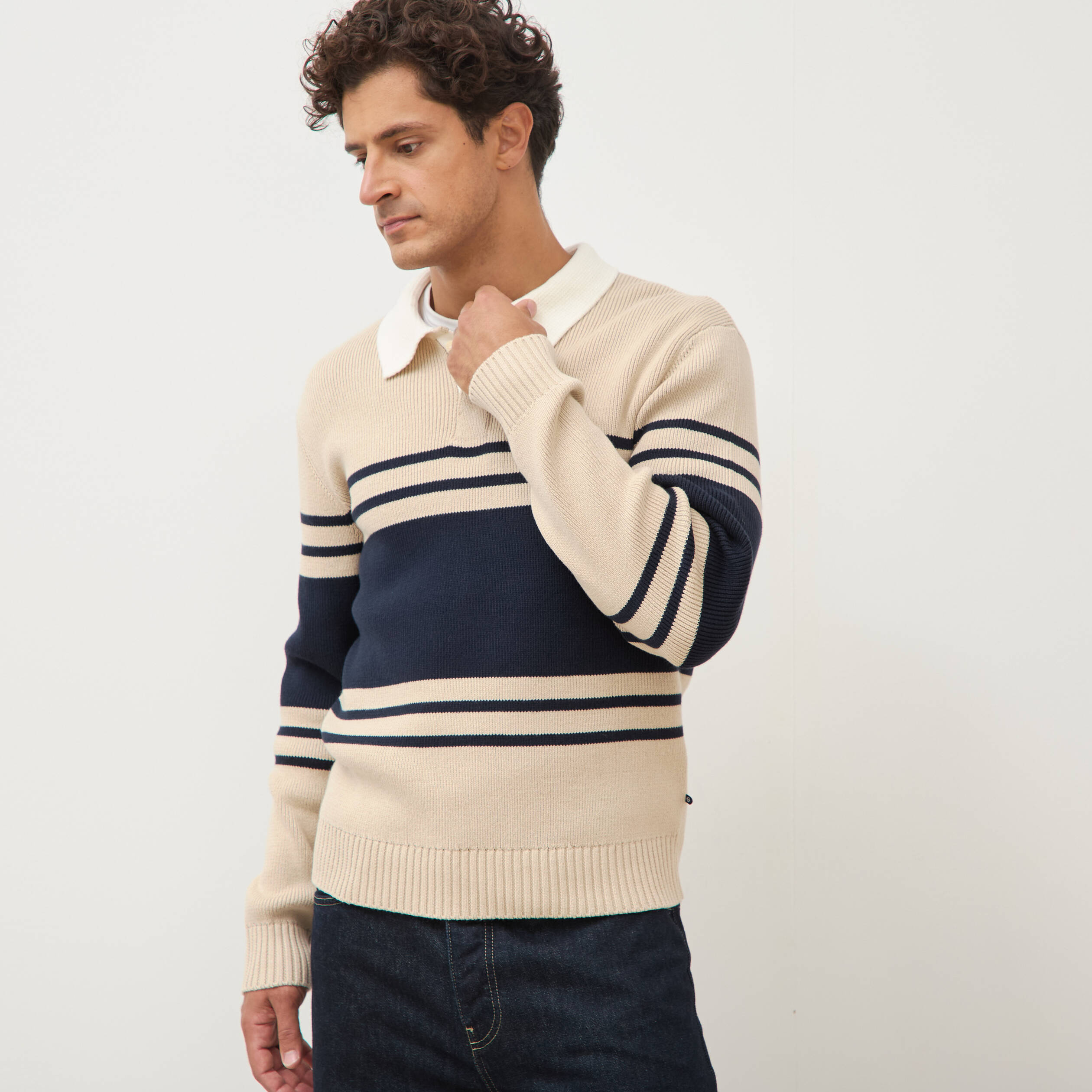 Pull manches longues en coton beige homme