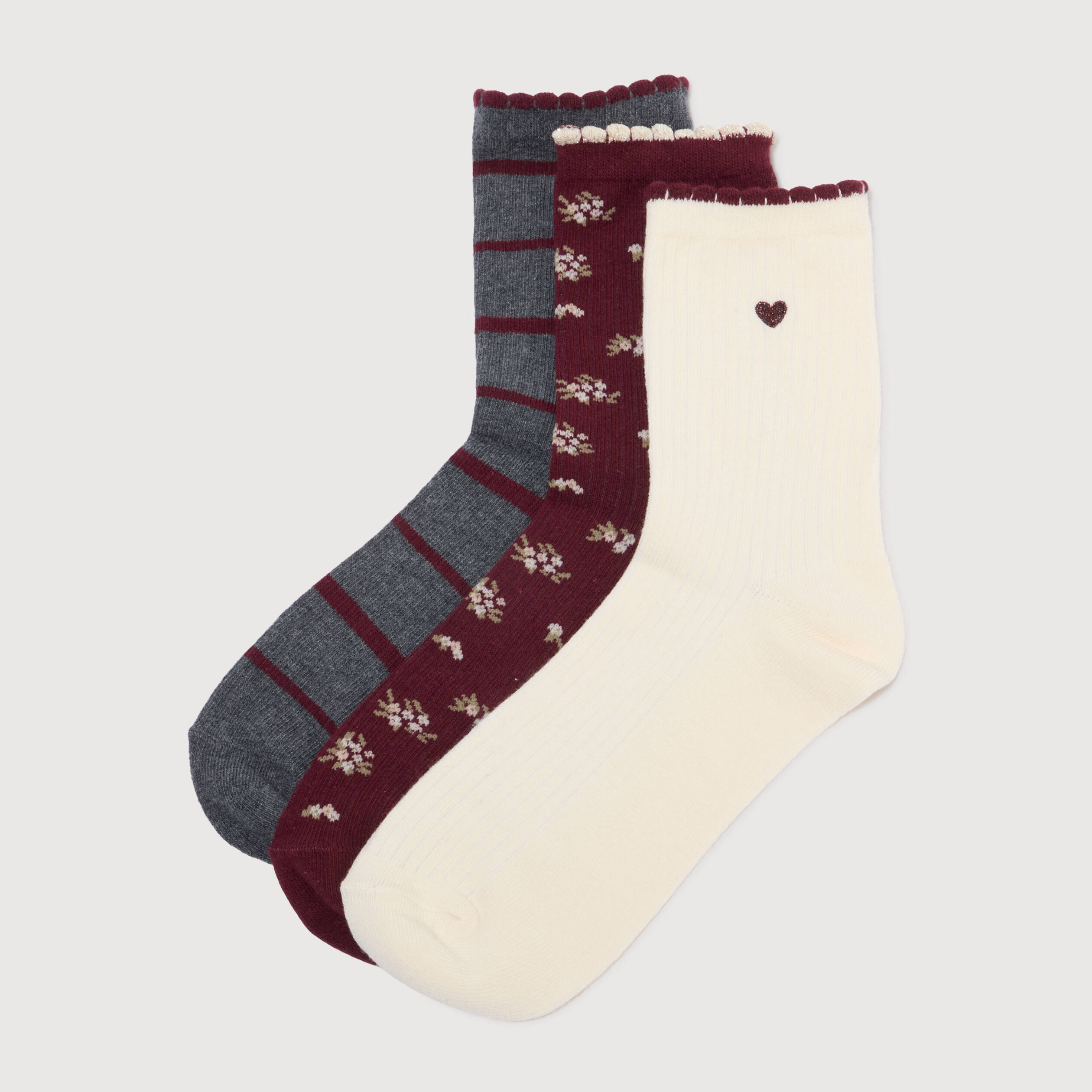 Lot de 3 paires chaussettes hautes bordeaux femme