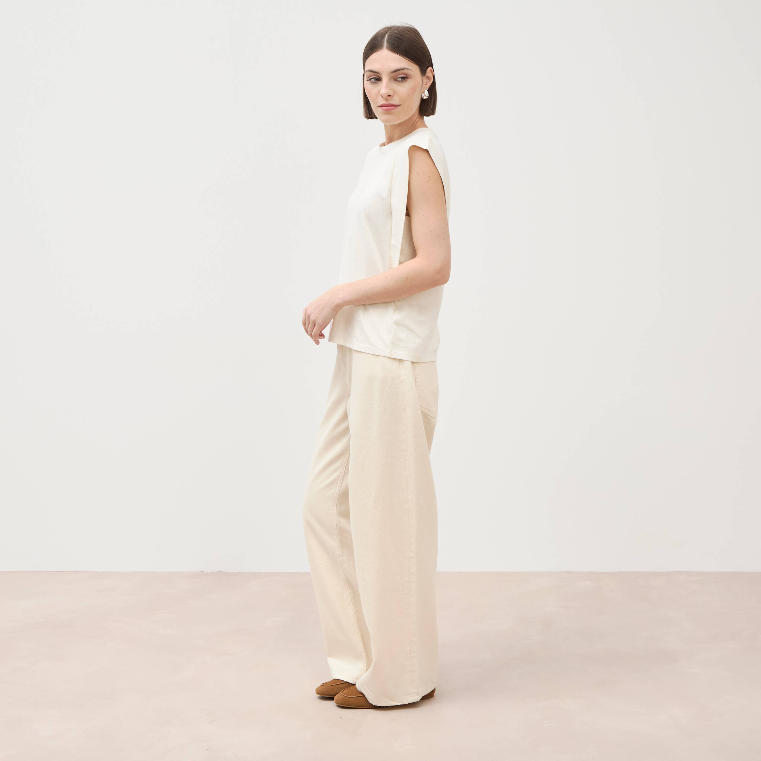 T-shirt en coton sans manches creme femme
