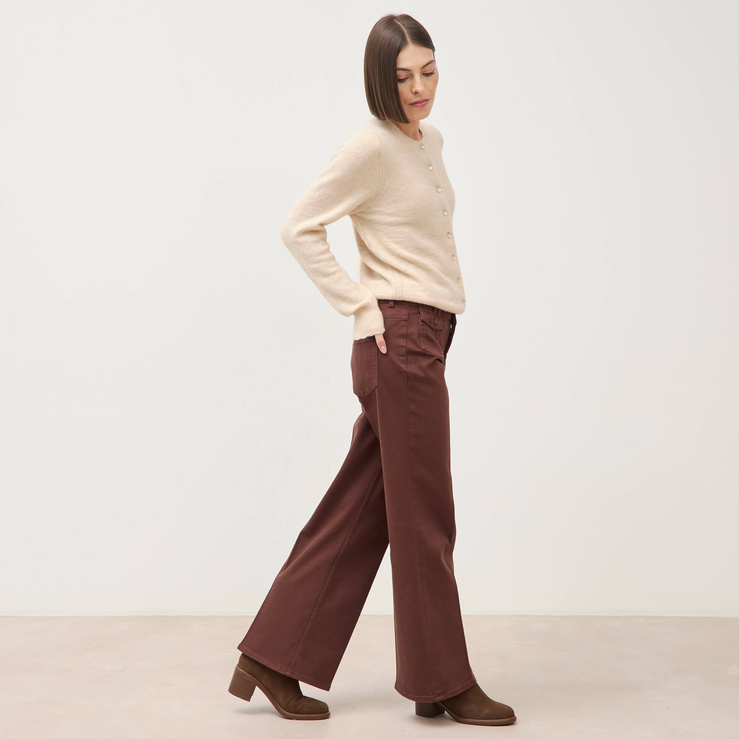 Jeans flare taille haute marron femme