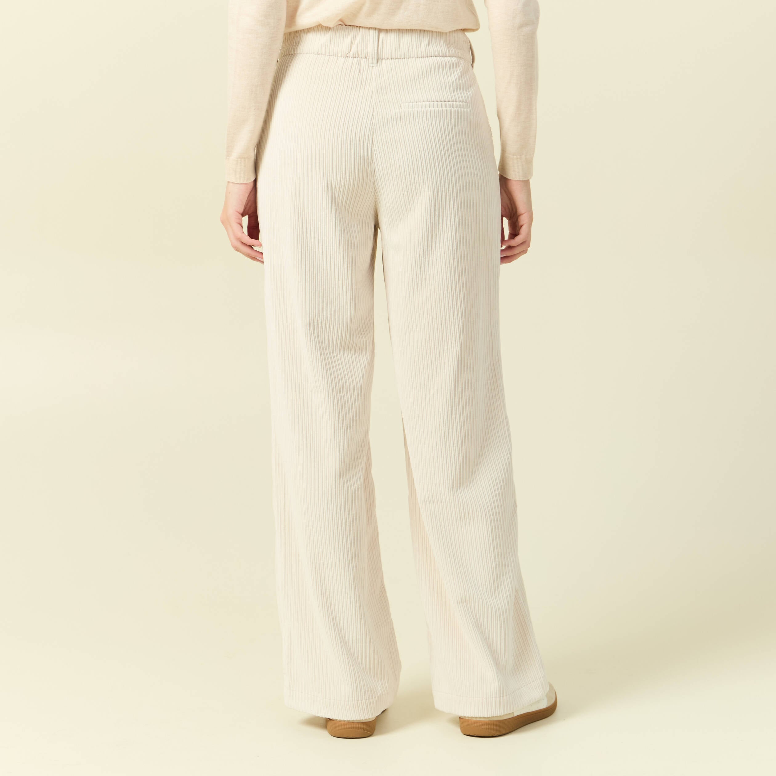 Pantalon large taille haute en velours creme femme