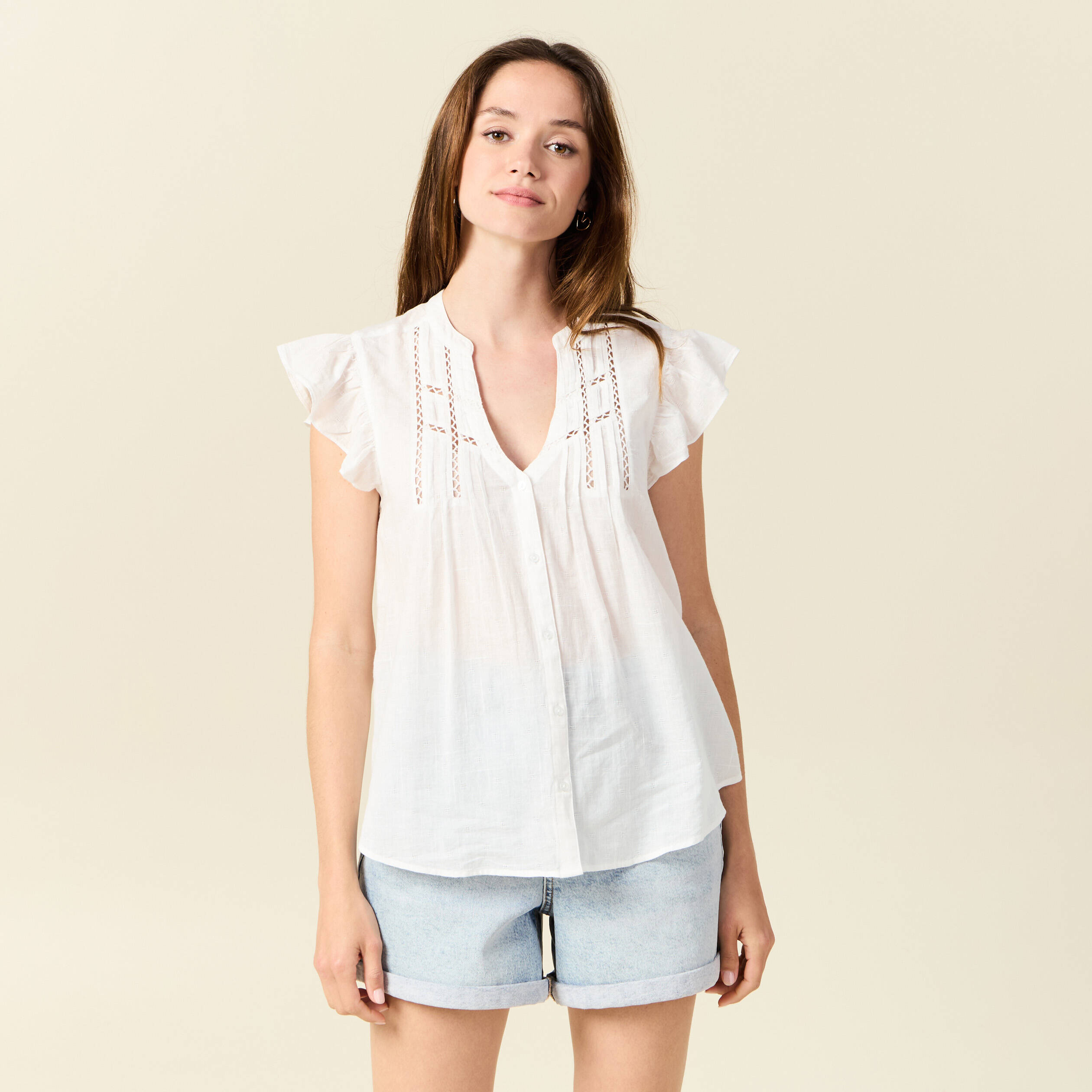 Blouse Chemise Courte Manche Femme Chemise Manches Courtes Ecru
