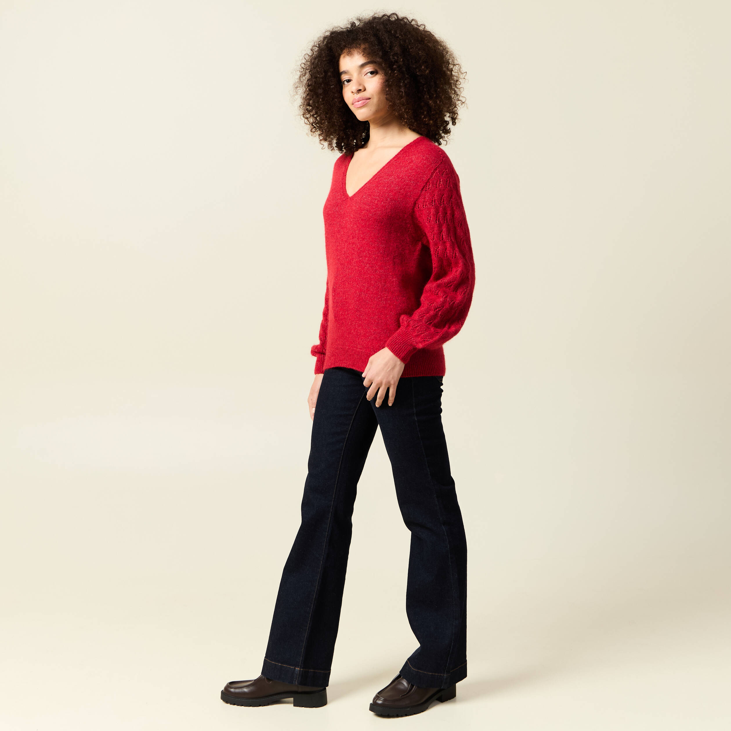 pull ajoure col v manches longues rouge femme Pull ajouré col V manches longues rouge femme