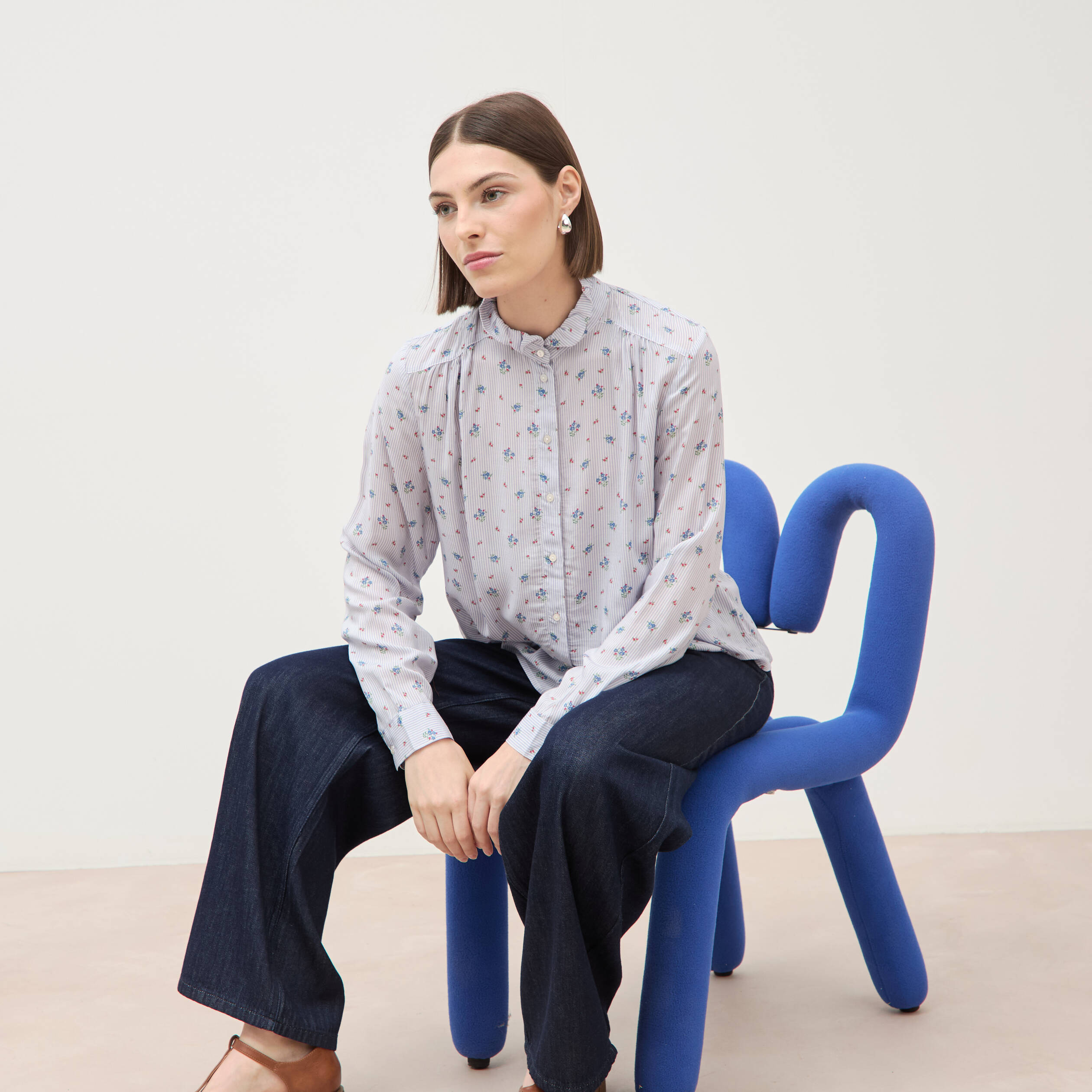 Chemise droite manches longues bleu ciel femme