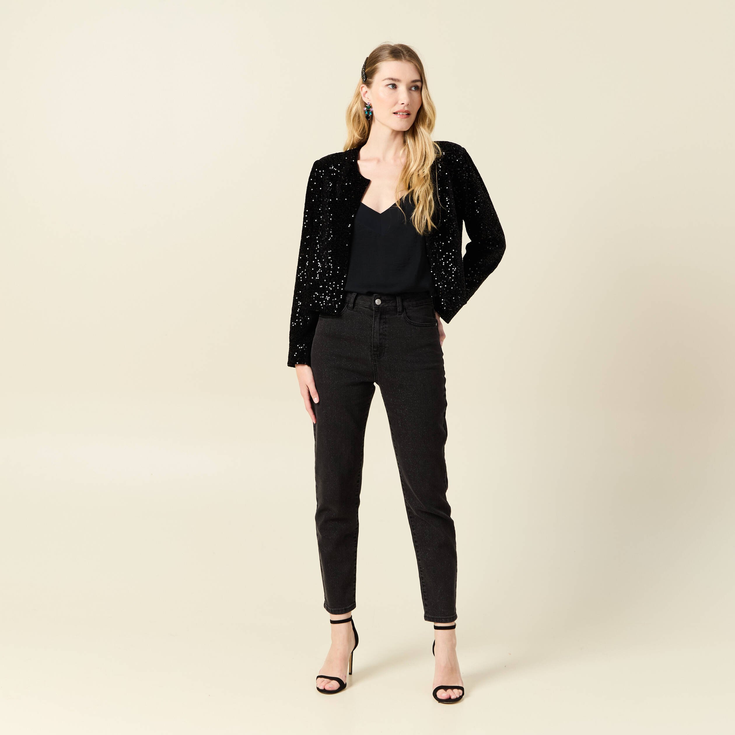 gilet manches longues sequins noir femme Gilet manches longues sequins noir femme