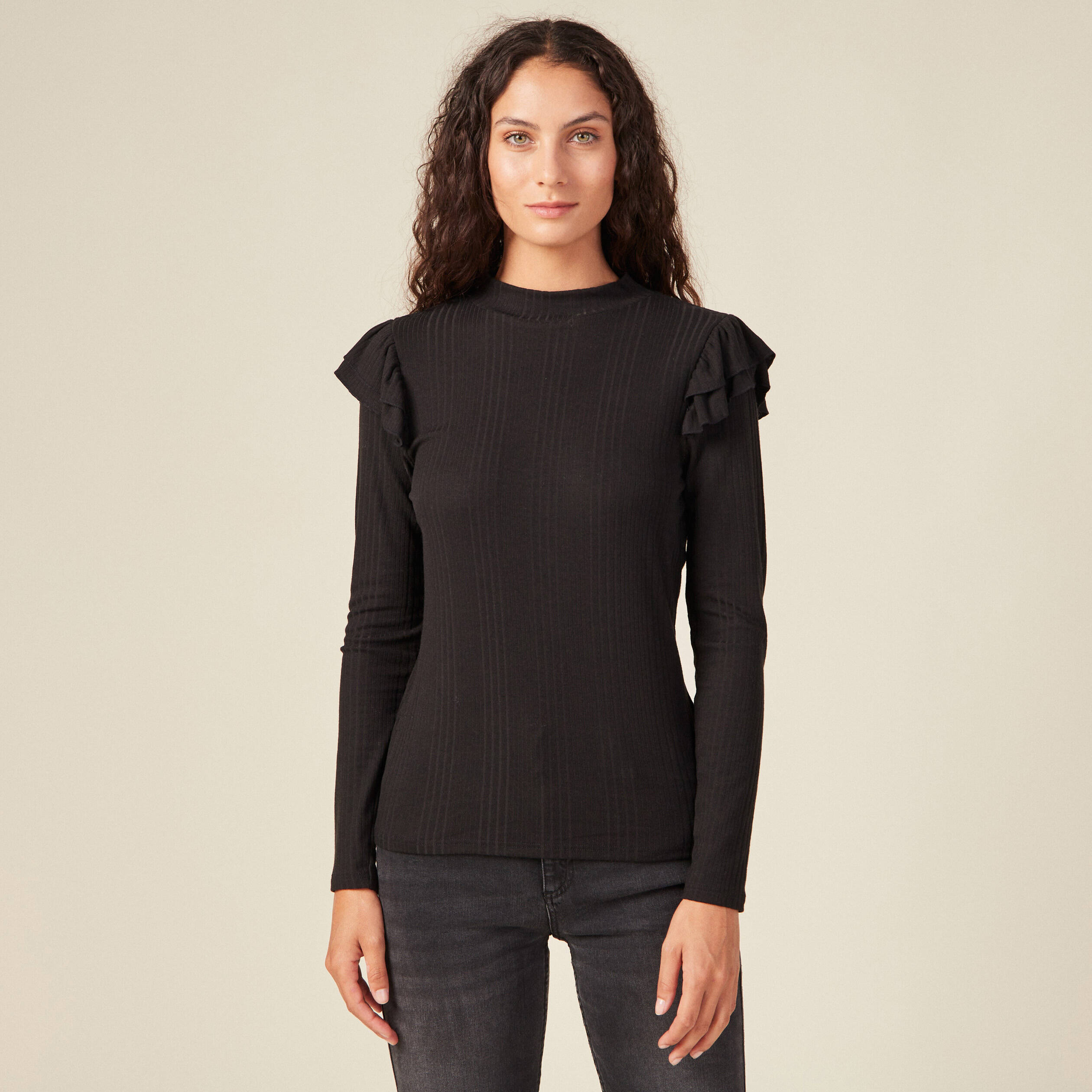 T-shirt manches longues côtelé noir femme