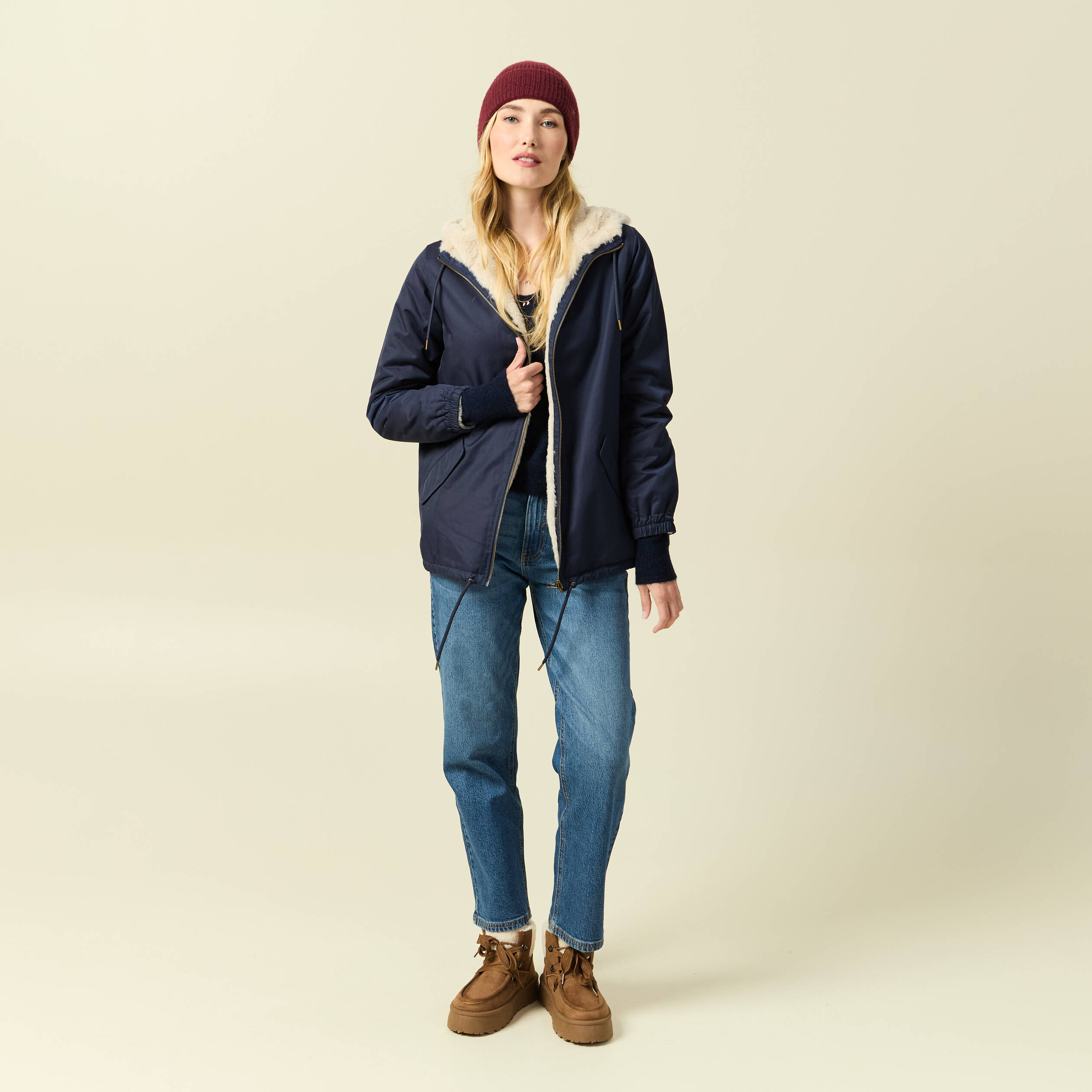 Parka r&eacute;versible bleu marine femme