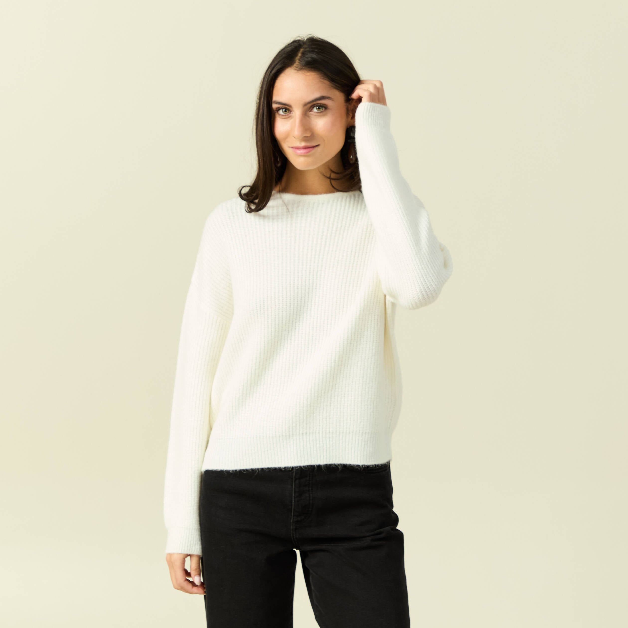 Pull col rond manches longues ecru femme
