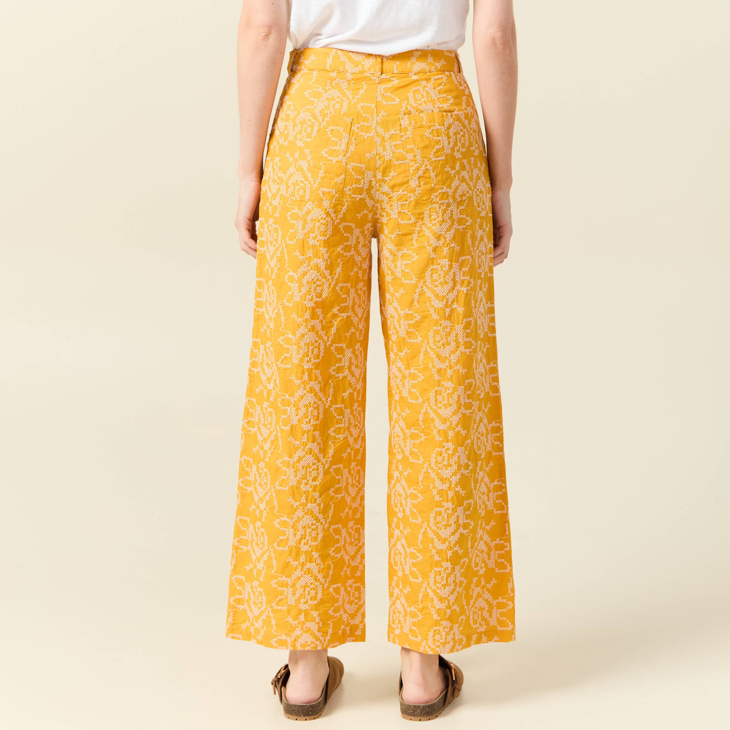 Pantalon large brod&eacute; jaune femme