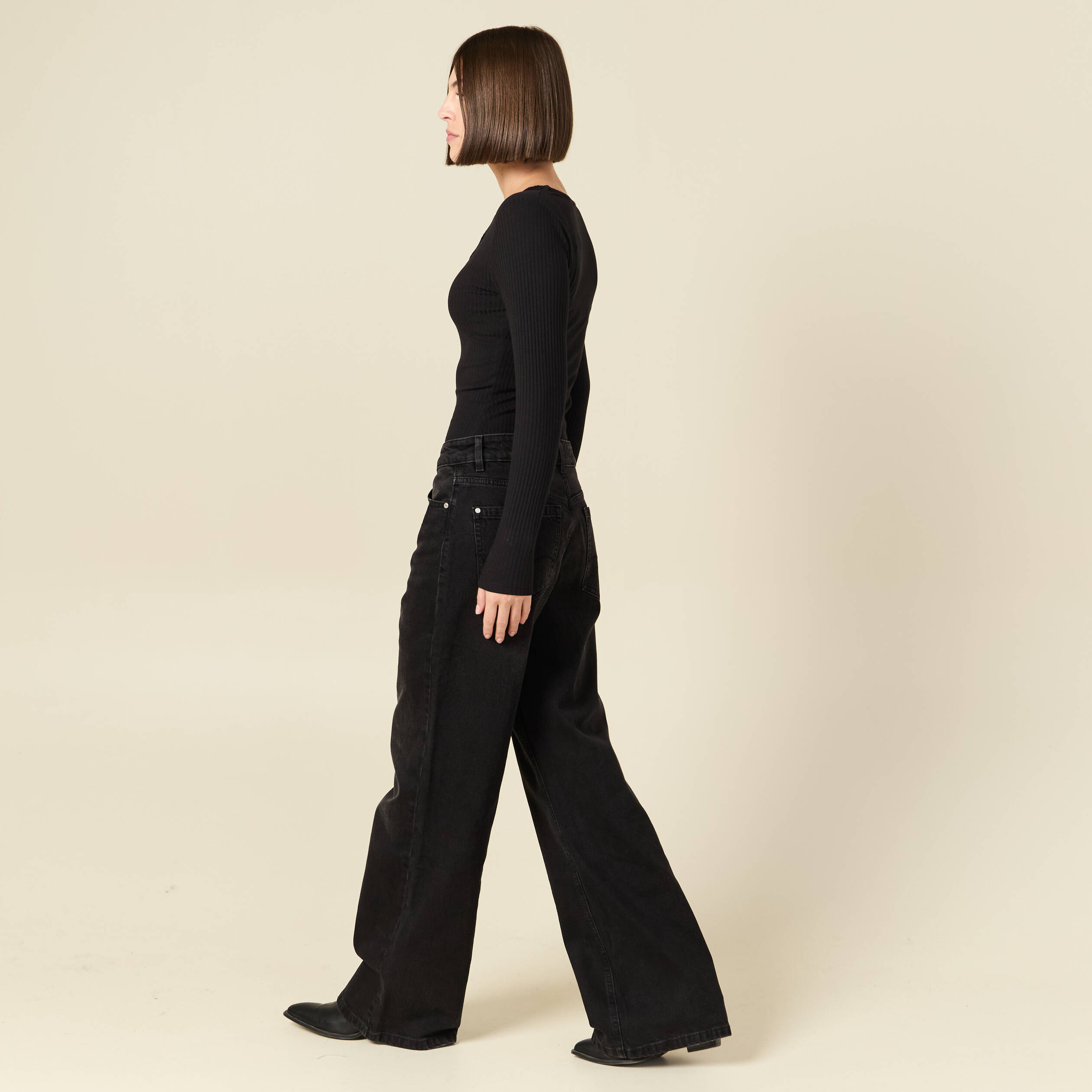 Jeans large taille haute denim noir femme