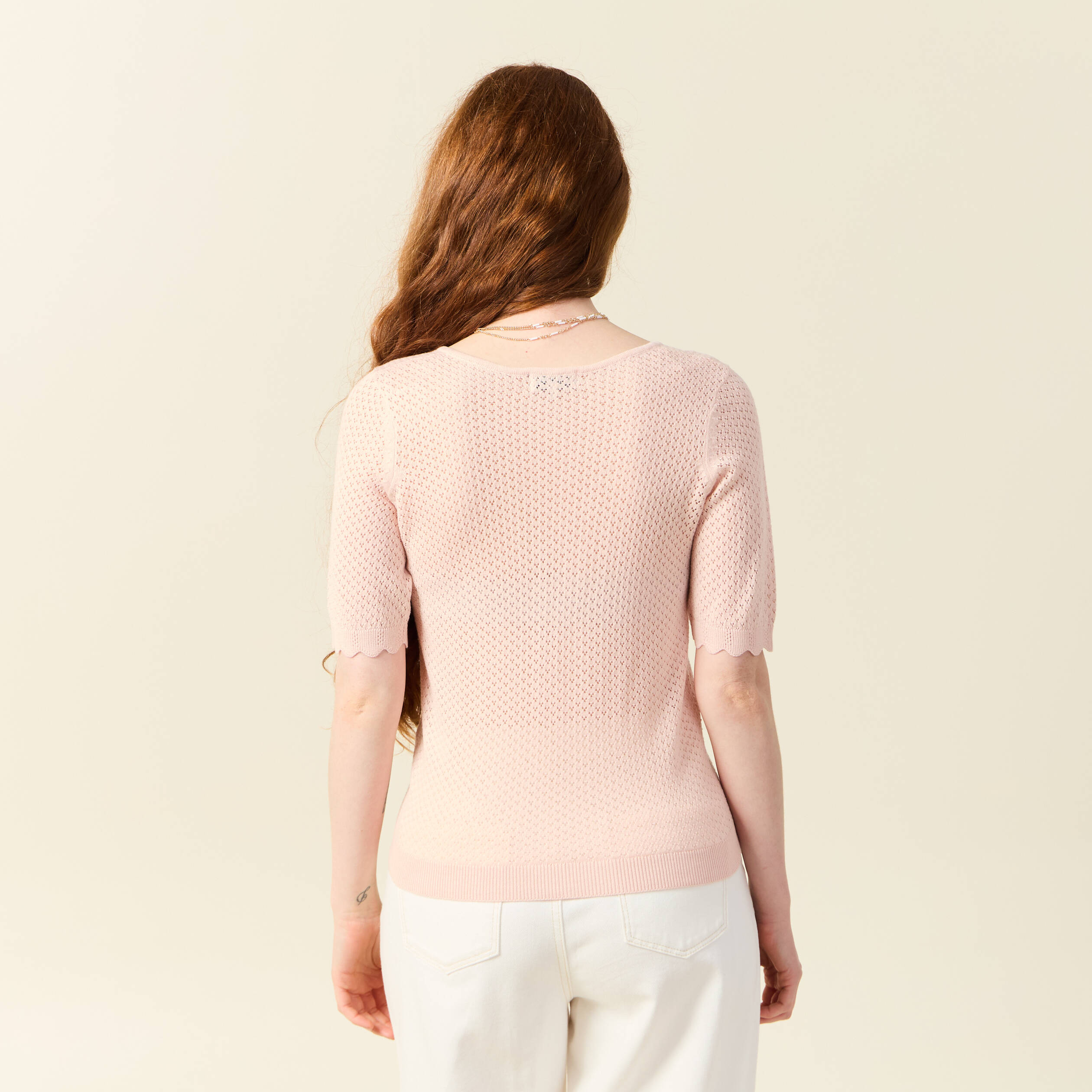 pull manches courtes ajoure rose poudree femme Pull manches courtes ajouré rose poudrée femme