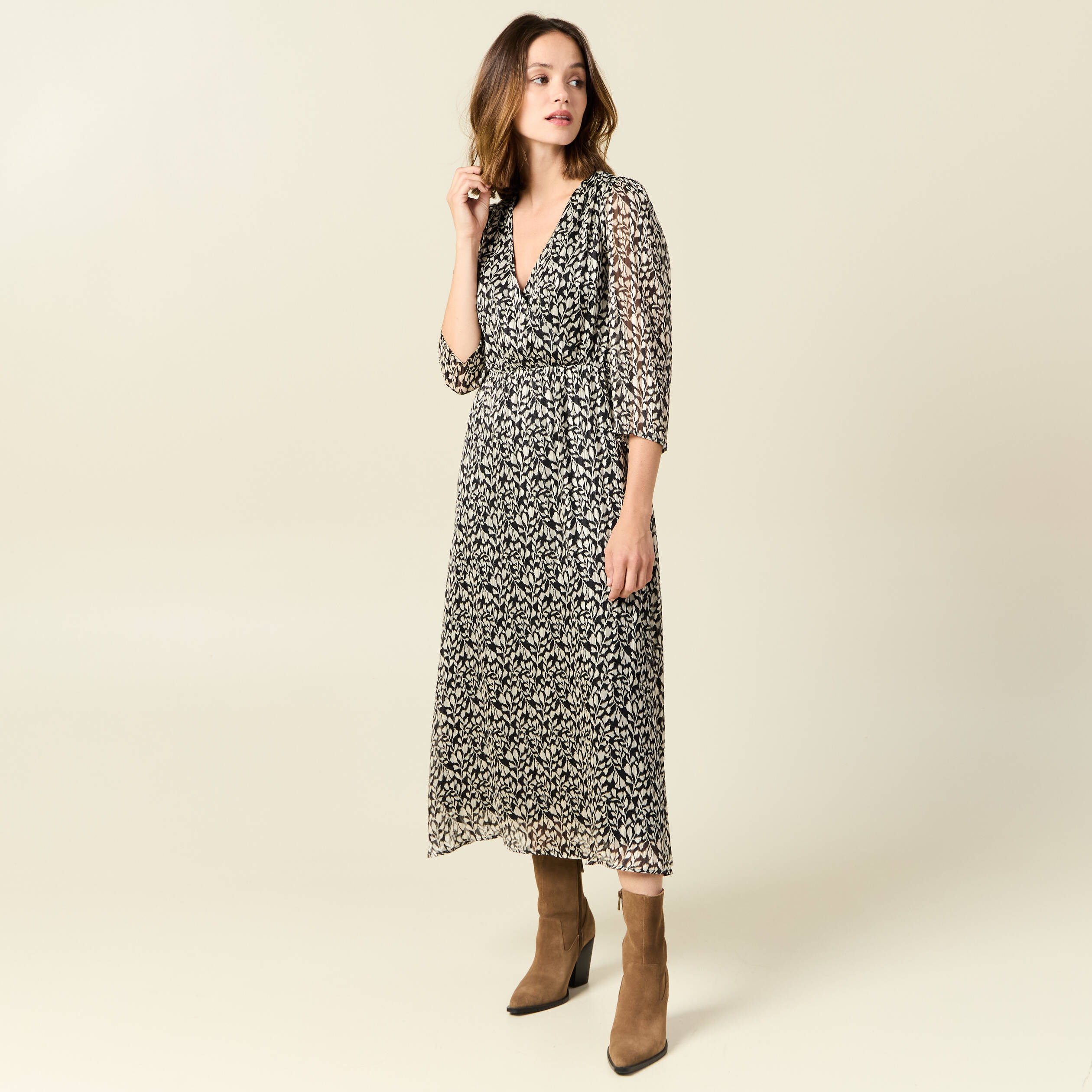 robe longue evasee manches 34 noir femme Robe longue évasée manches 3/4 noir femme