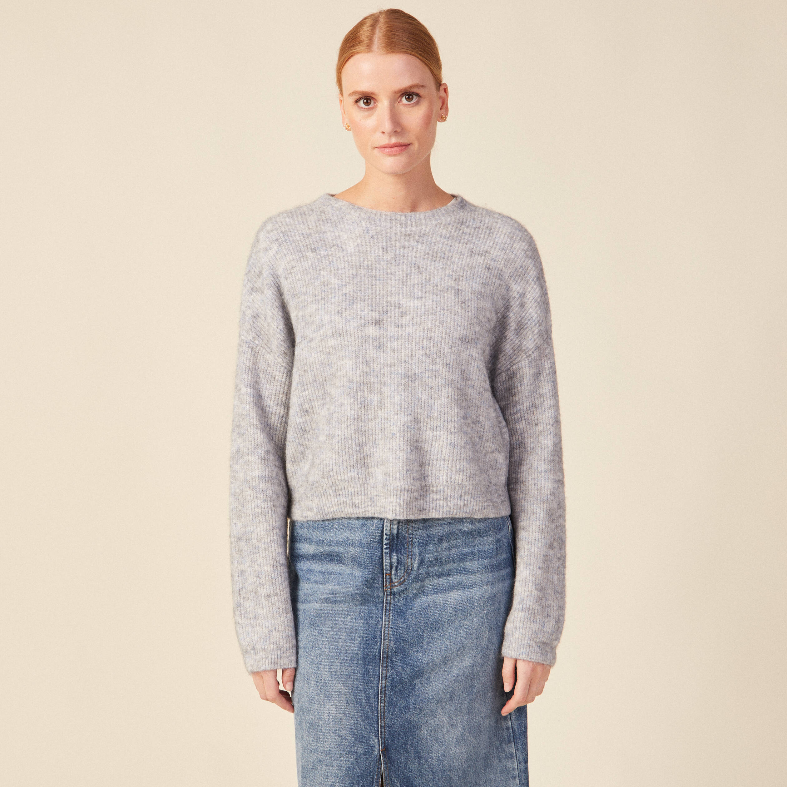 Pull manches longues cropped gris femme