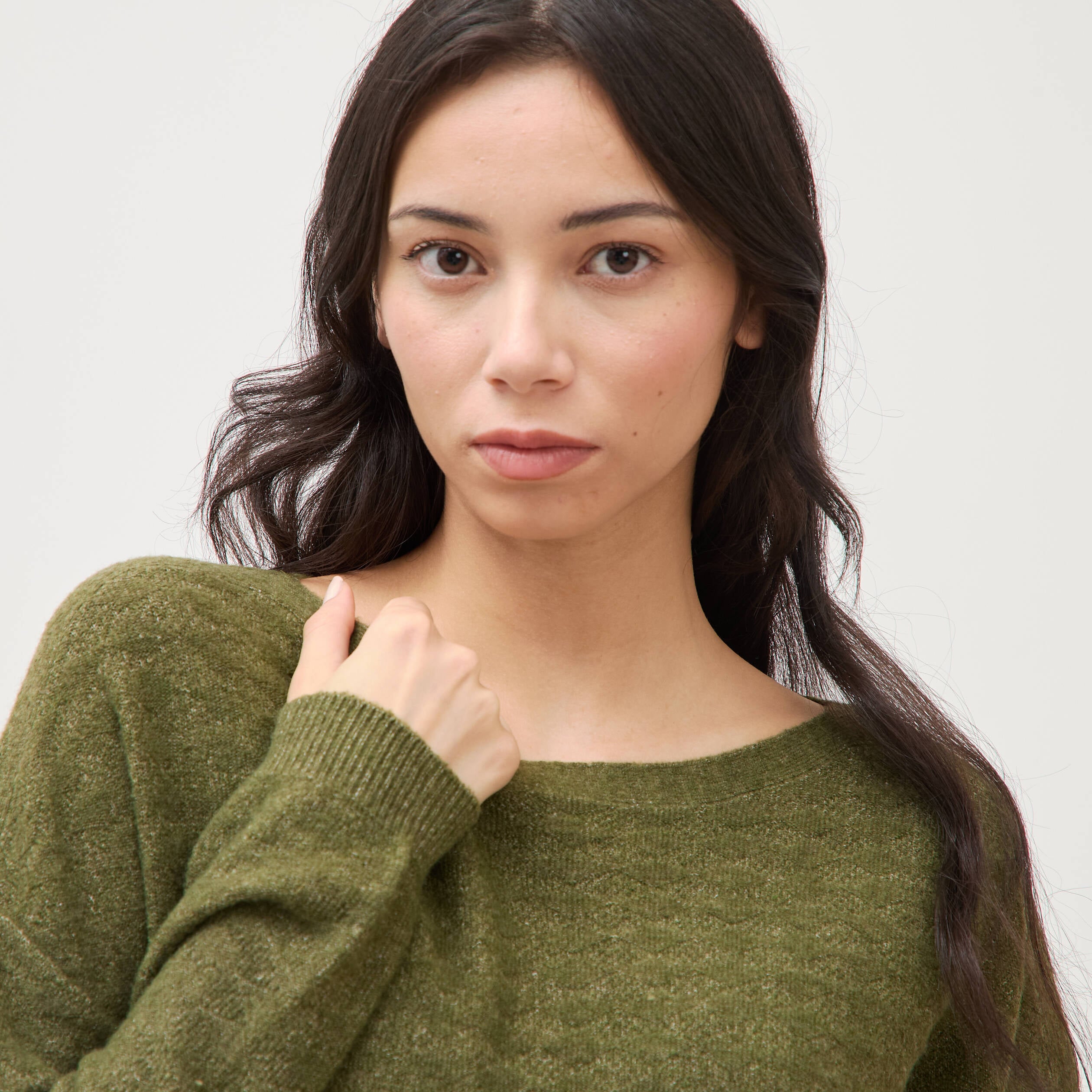 Pull manches longues col bateau vert kaki femme