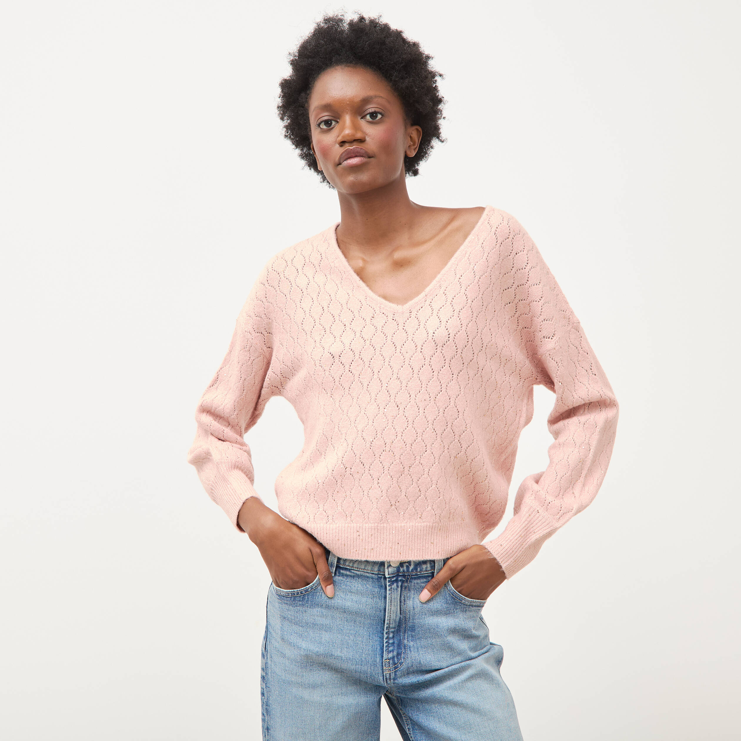 Pull oversize col v manches longues rose pastel femme