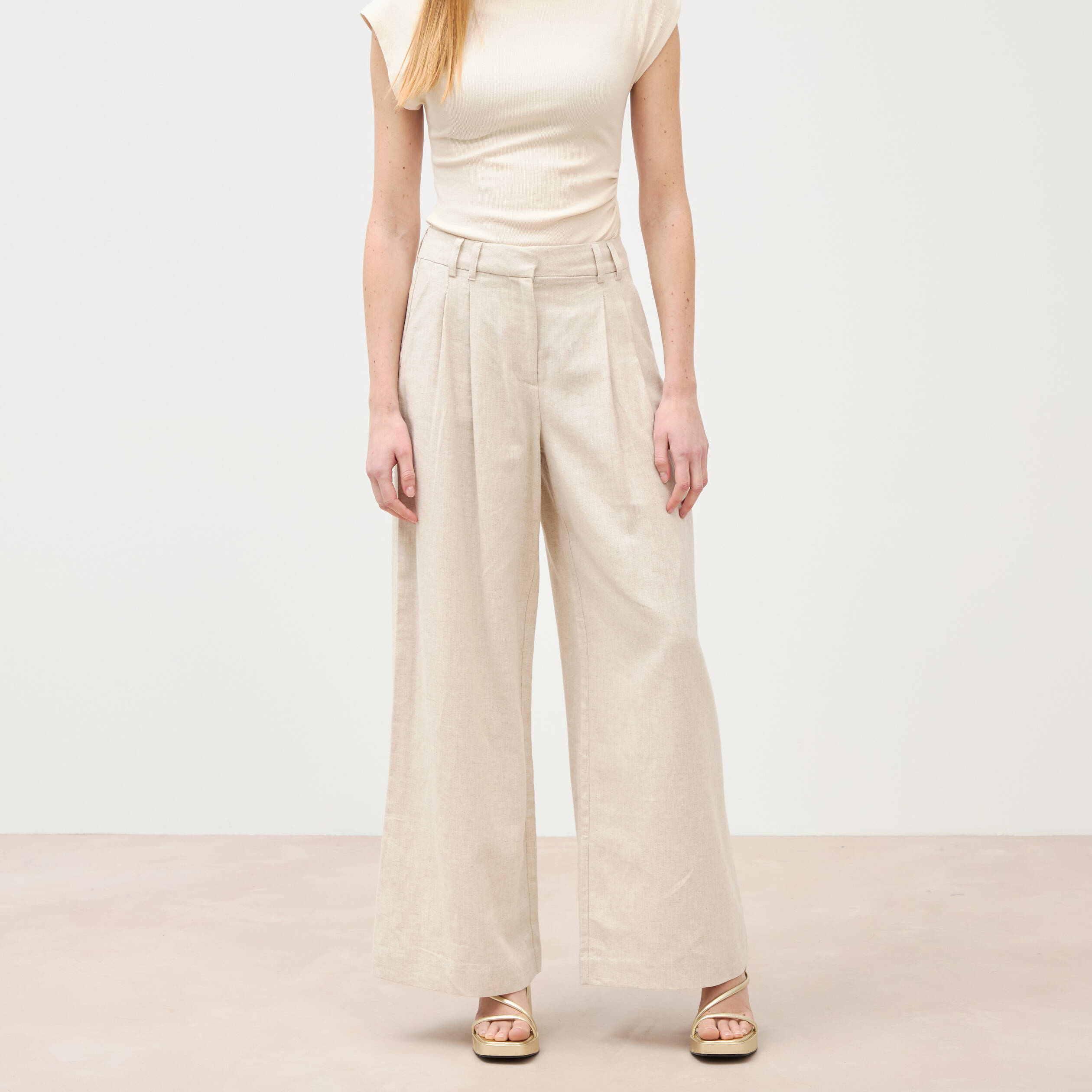 Pantalon large taille haute sable femme