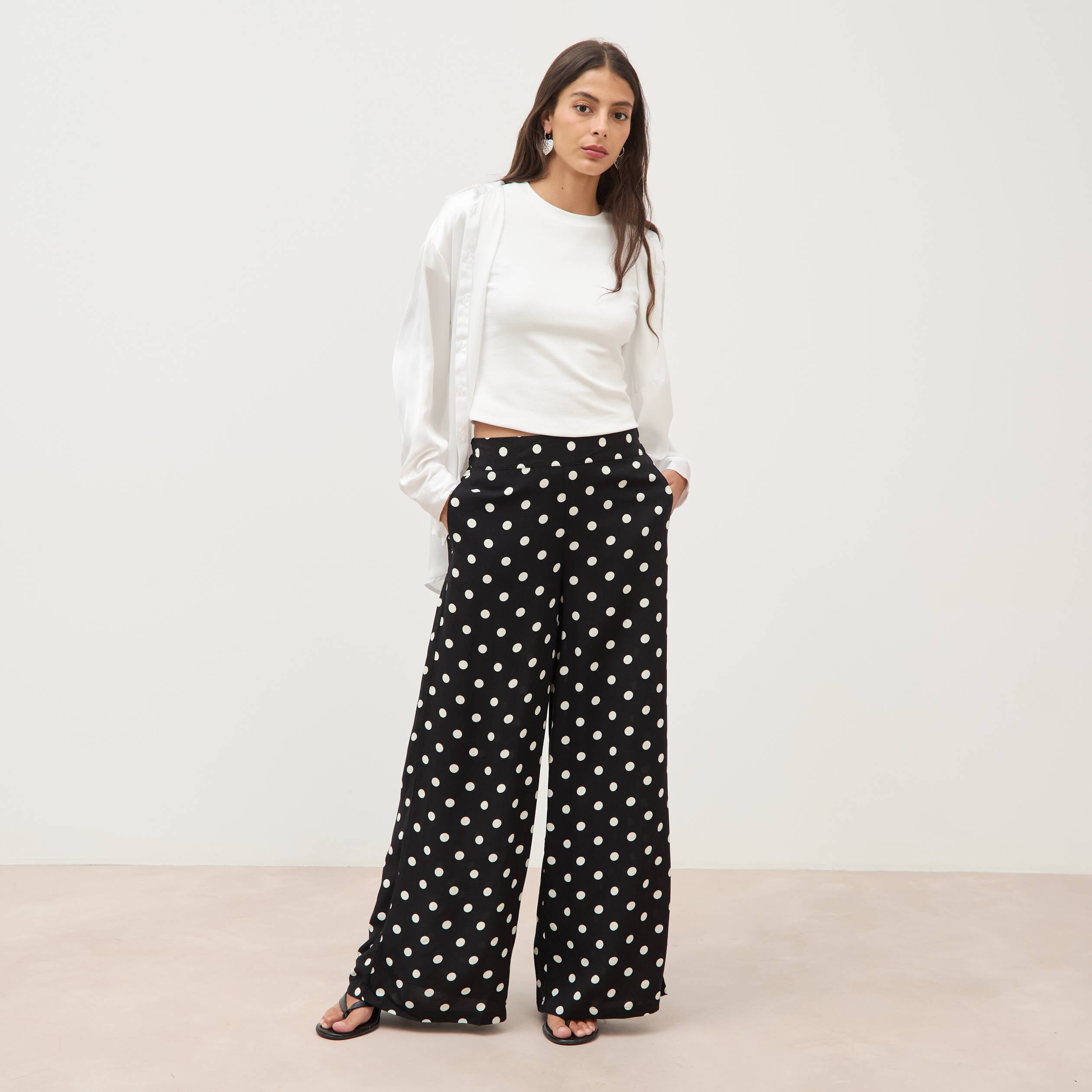 Pantalon large taille haute noir femme