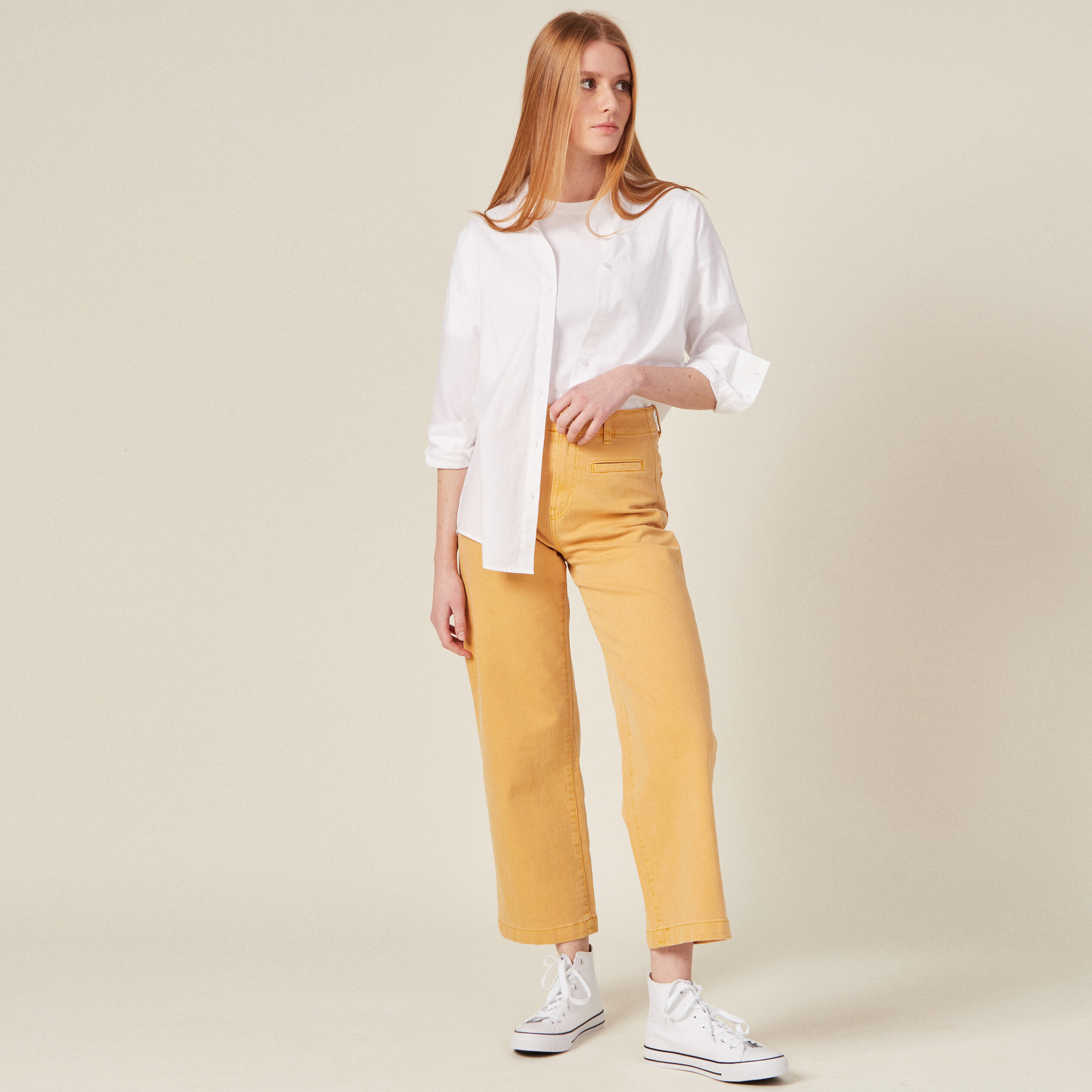 Pantalon large taille haute jaune femme