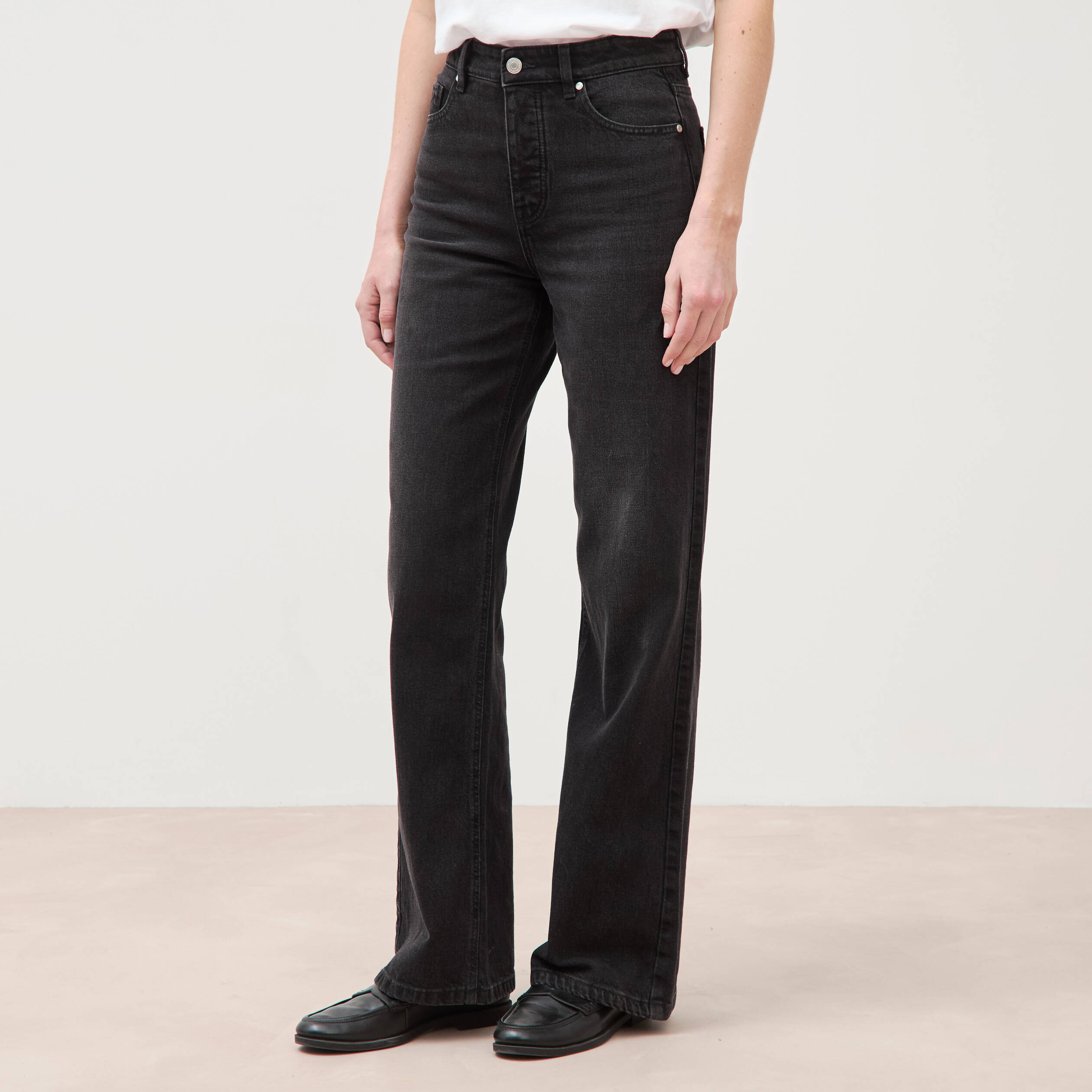 Jeans large taille haute denim noir femme