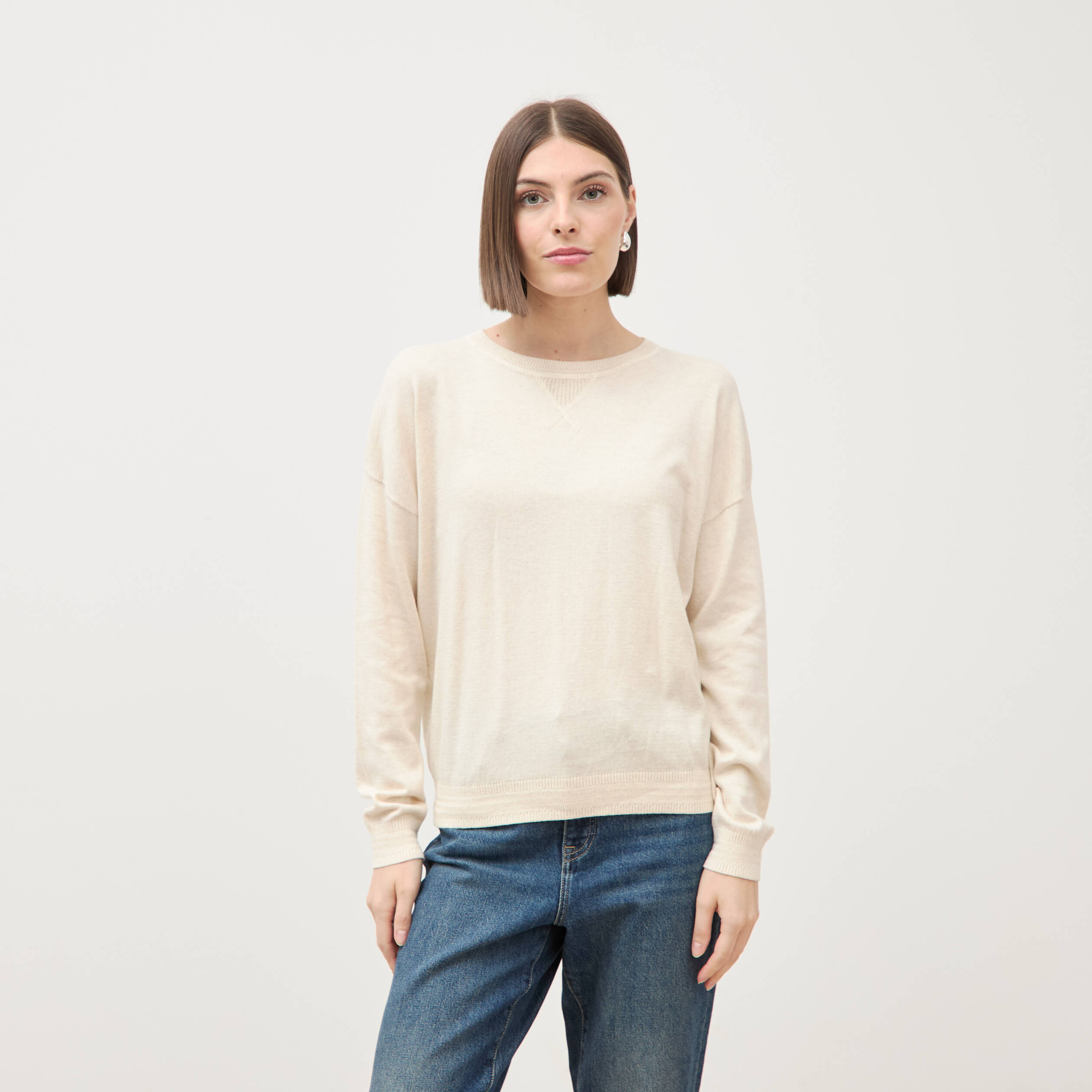 Pull oversize col rond manches longues creme femme