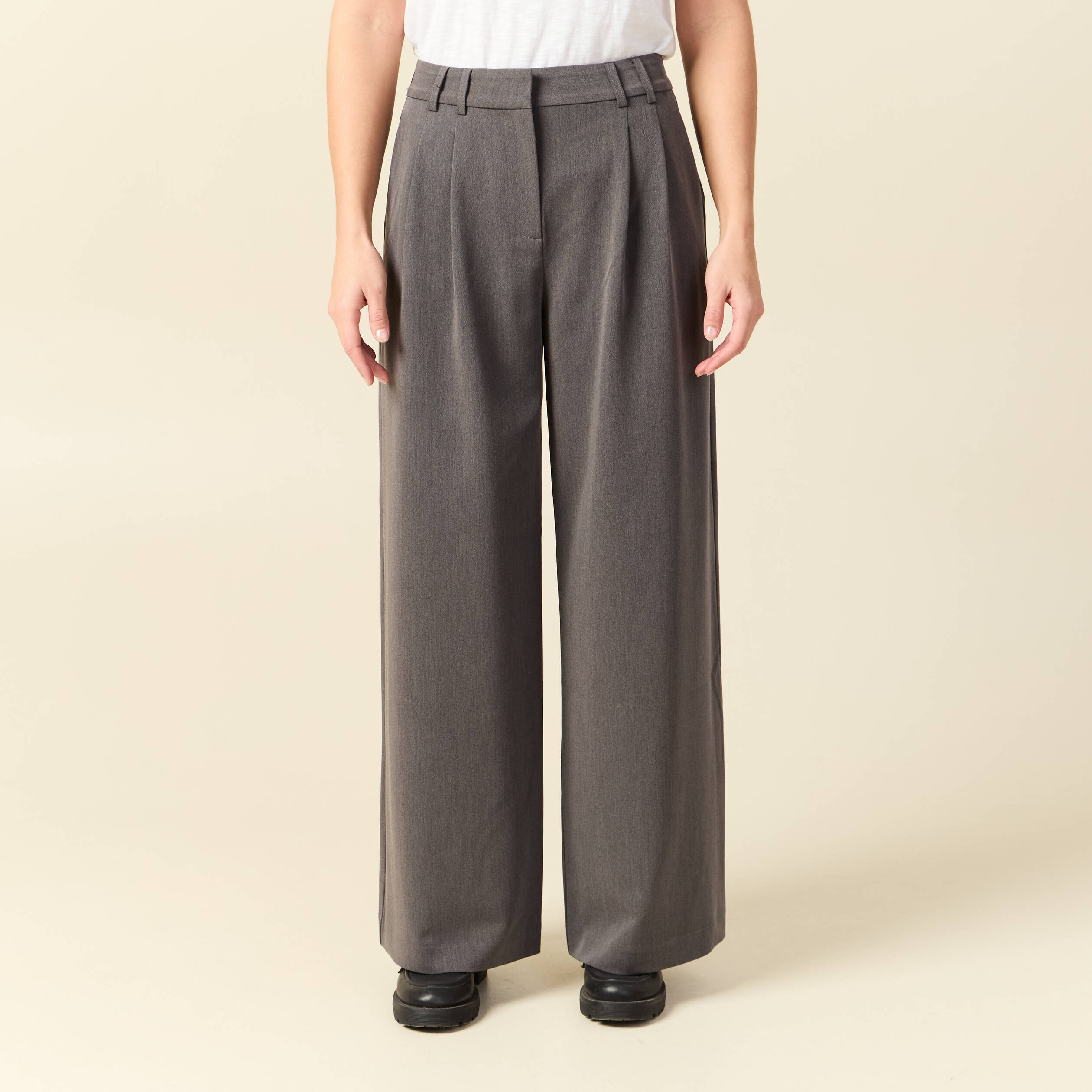 Pantalon large taille haute fluide gris femme