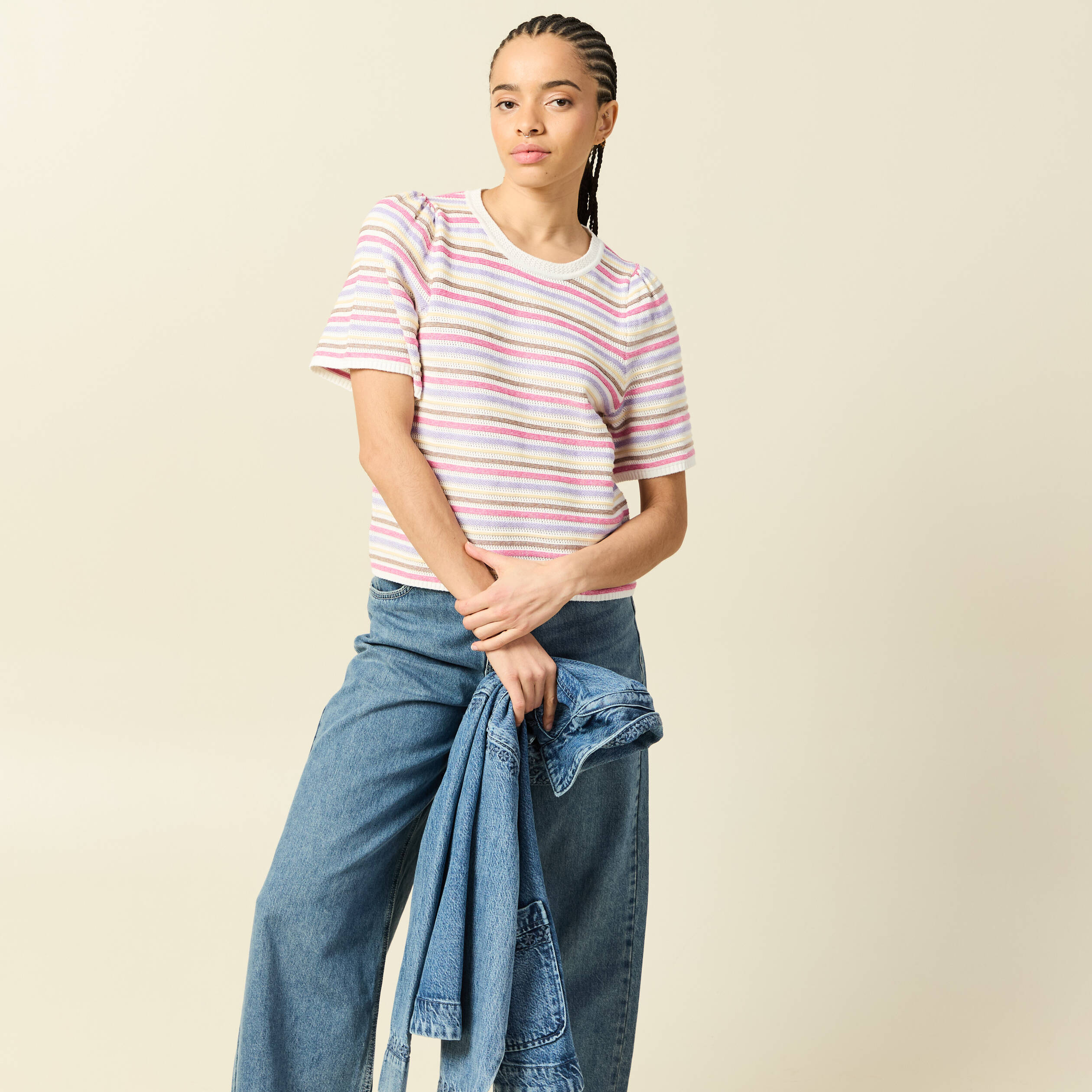 Pull droit court col rond manches coude violet clair femme