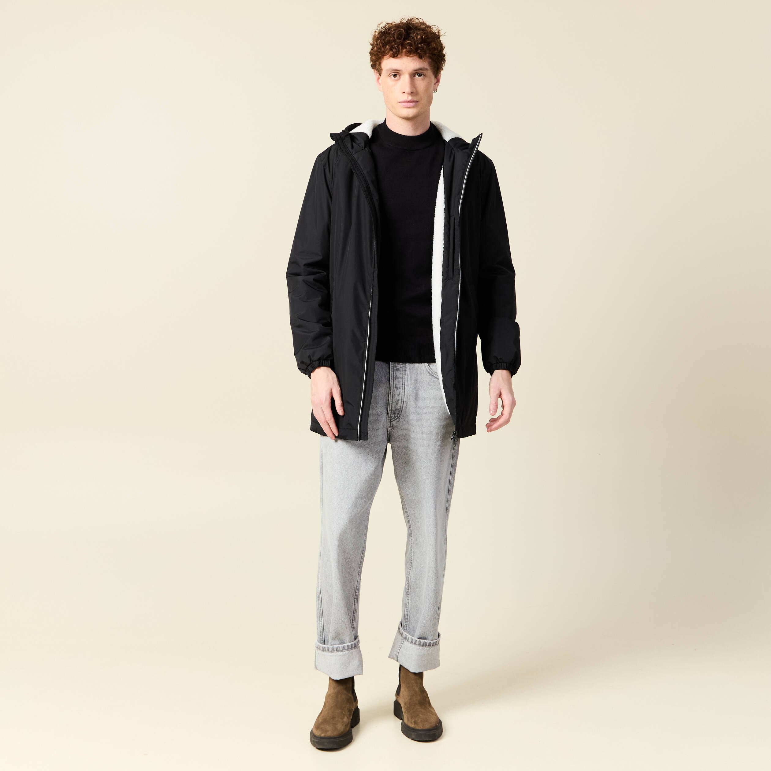 Parka longue droite &agrave; capuche noir homme