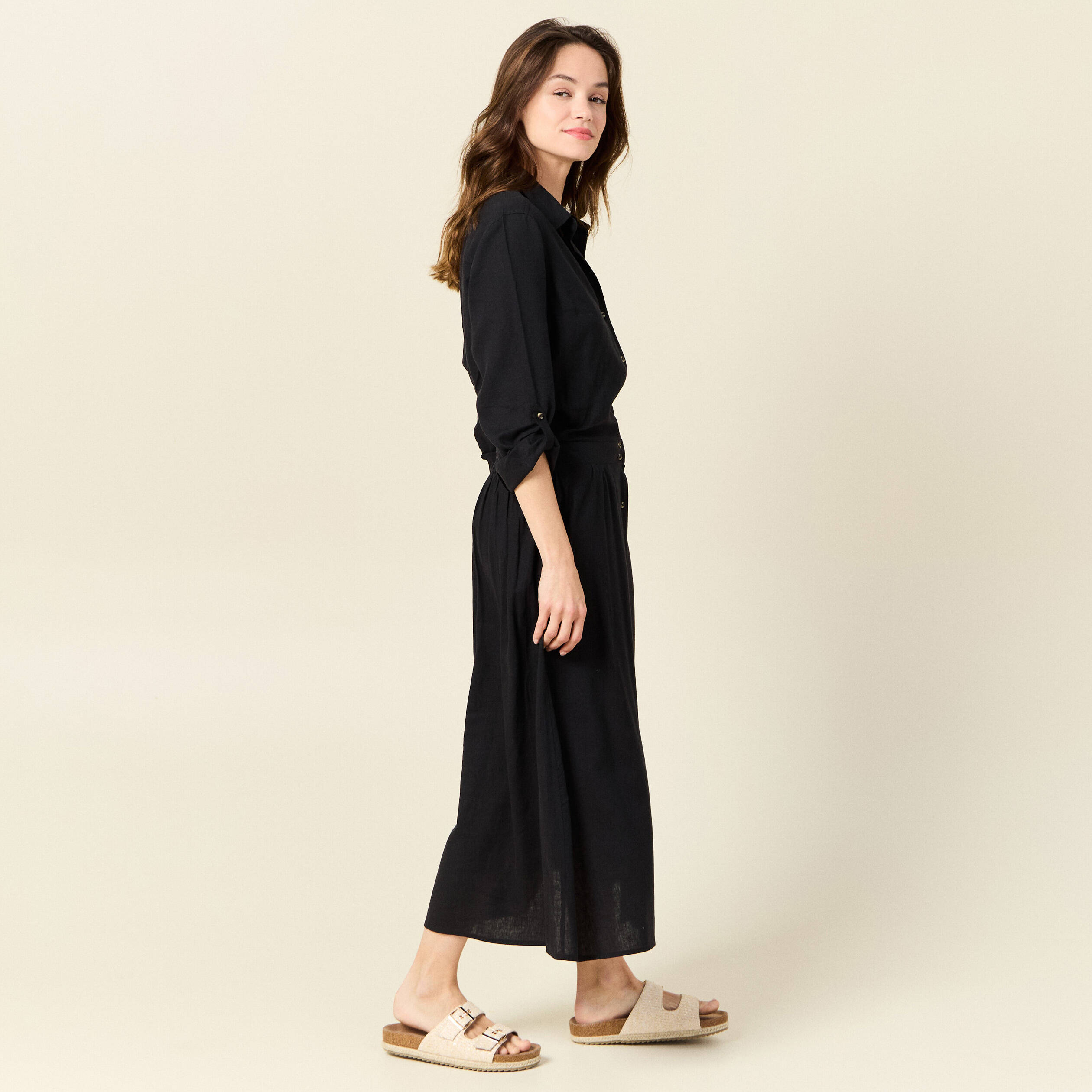 Robe droite manches longues 3/4 noir femme