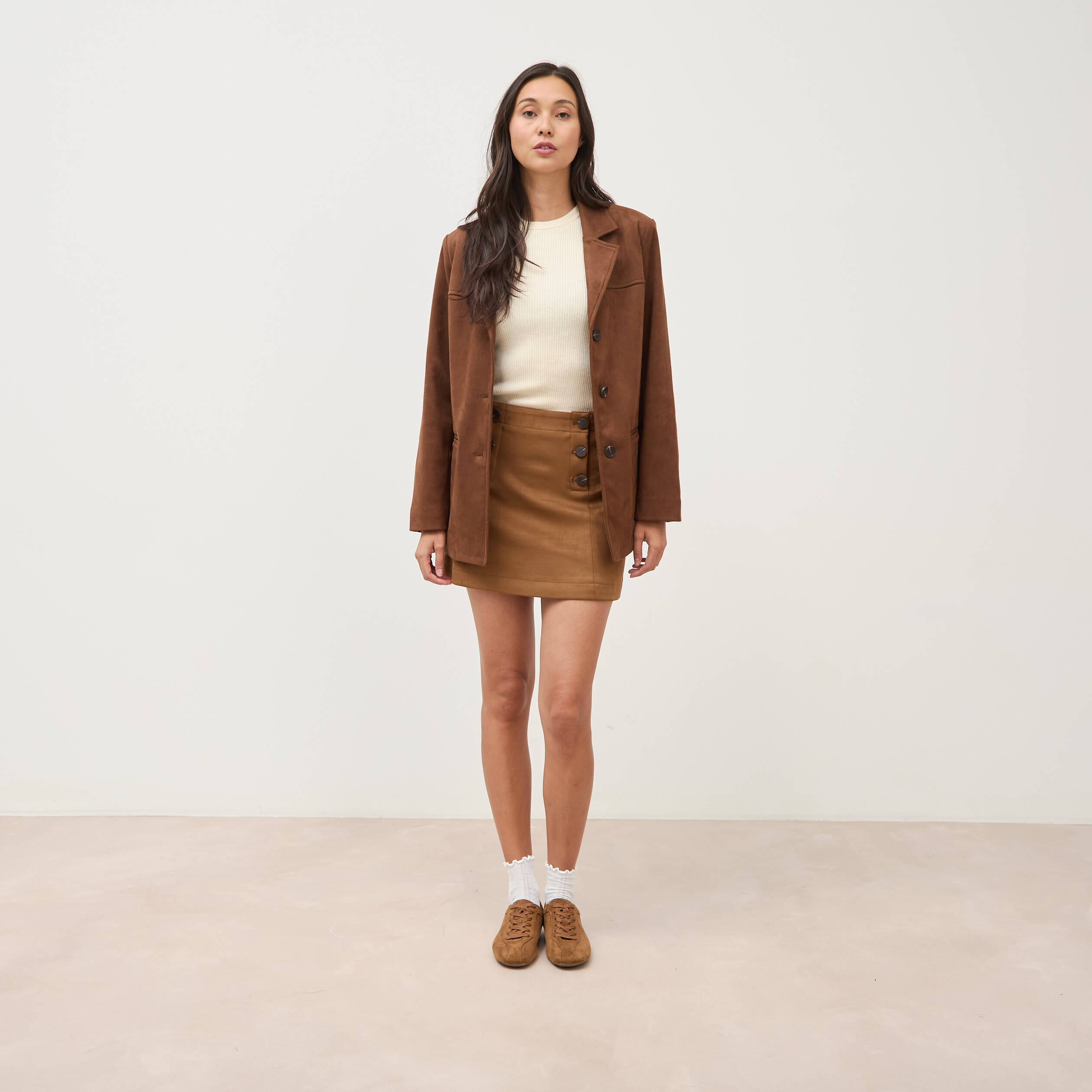 Blazer col tailleur manches longues marron fonc&eacute; femme