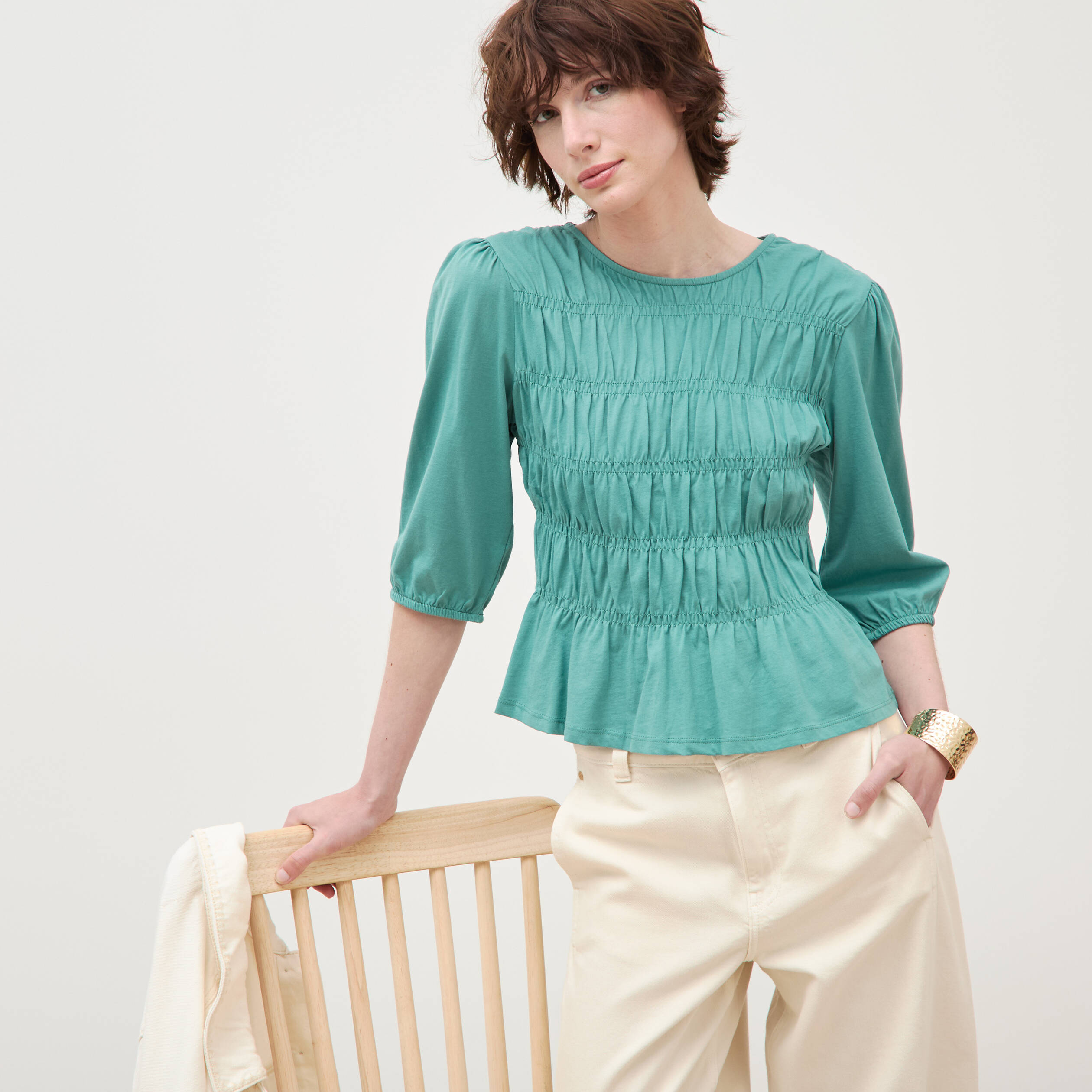 T-shirt cintr&eacute; col rond manches longues vert femme