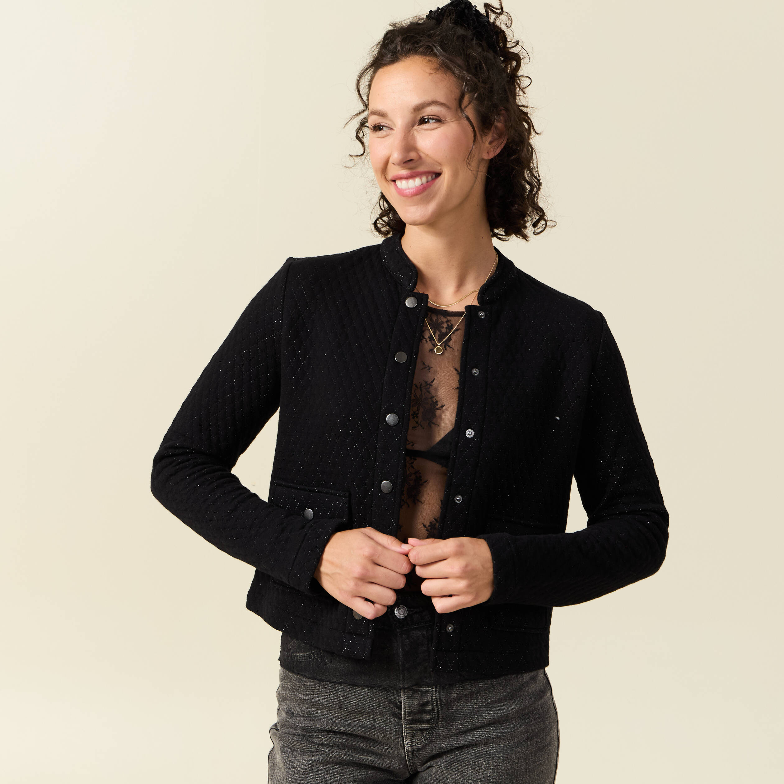 Veste droite courte col mao noir femme Bonobo