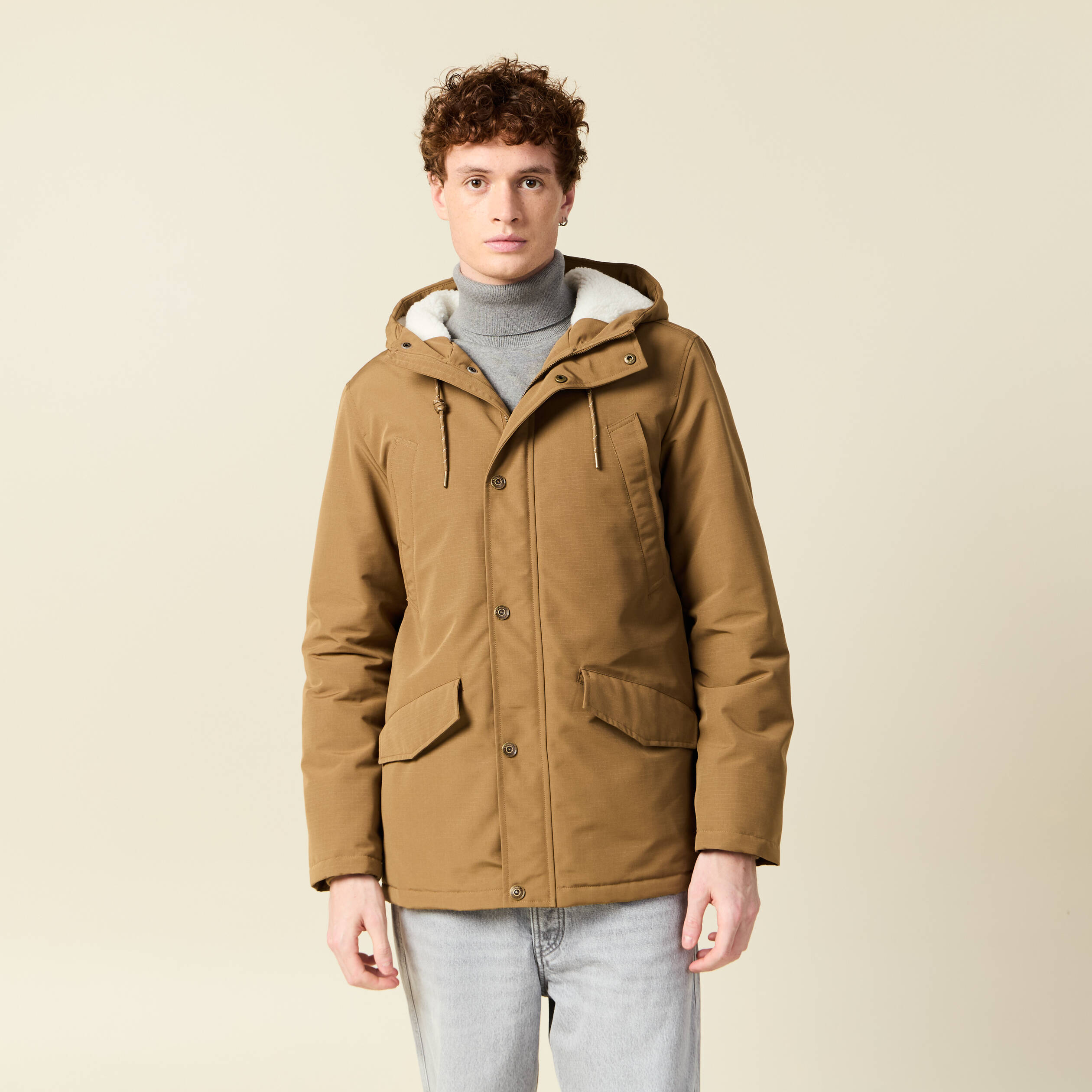 Parka droite mi-longue &agrave; capuche beige homme